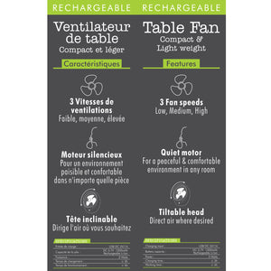 Hauz Ventilateur de Table Rechargeable USB 7 po, 3 Vitesses, Blanc - Simple Boutique