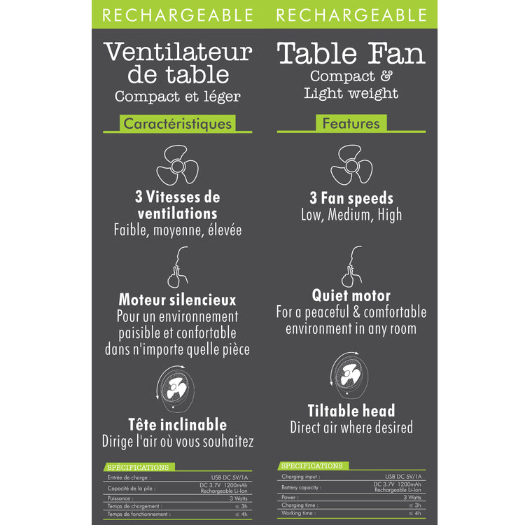 Hauz Ventilateur de Table Rechargeable USB 7 po, 3 Vitesses, Blanc - Simple Boutique