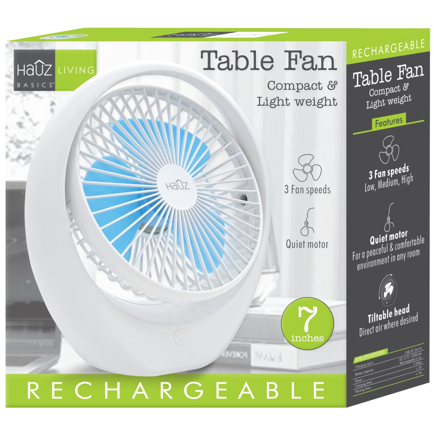 Hauz Ventilateur de Table Rechargeable USB 7 po, 3 Vitesses, Blanc - Simple Boutique