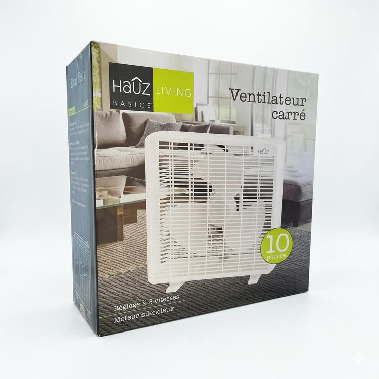 Hauz - Ventillateur Carré de 10", Réglage à 3 Vitesses, Moteur Silencieux, Blanc - Simple Boutique
