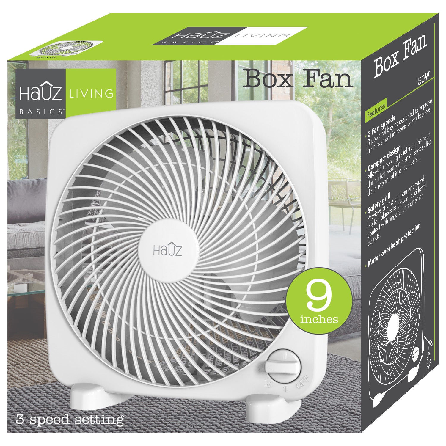 Hauz - Ventillateur Carré de 9", Réglage à 3 Vitesses, Moteur Silencieux, Blanc - Simple Boutique