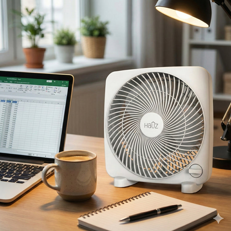Hauz - Ventillateur Carré de 9", Réglage à 3 Vitesses, Moteur Silencieux, Blanc - Simple Boutique