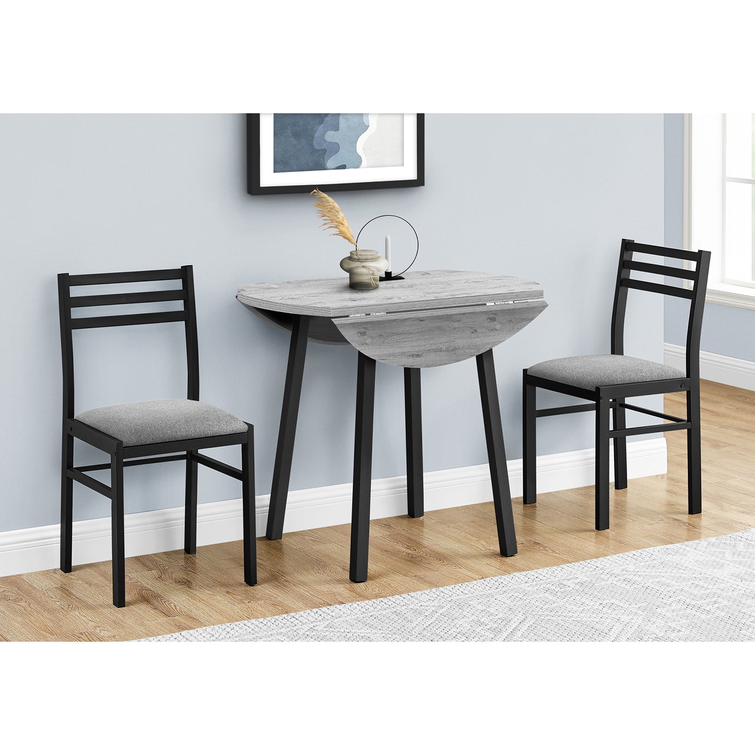 I 1007 - Ensemble De Table À Manger, Ensemble 3pcs, Petit, Tablette Rabattante 35", Cuisine, Métal Noir, Stratifié Gris, Contemporain, Moderne - Simple Boutique