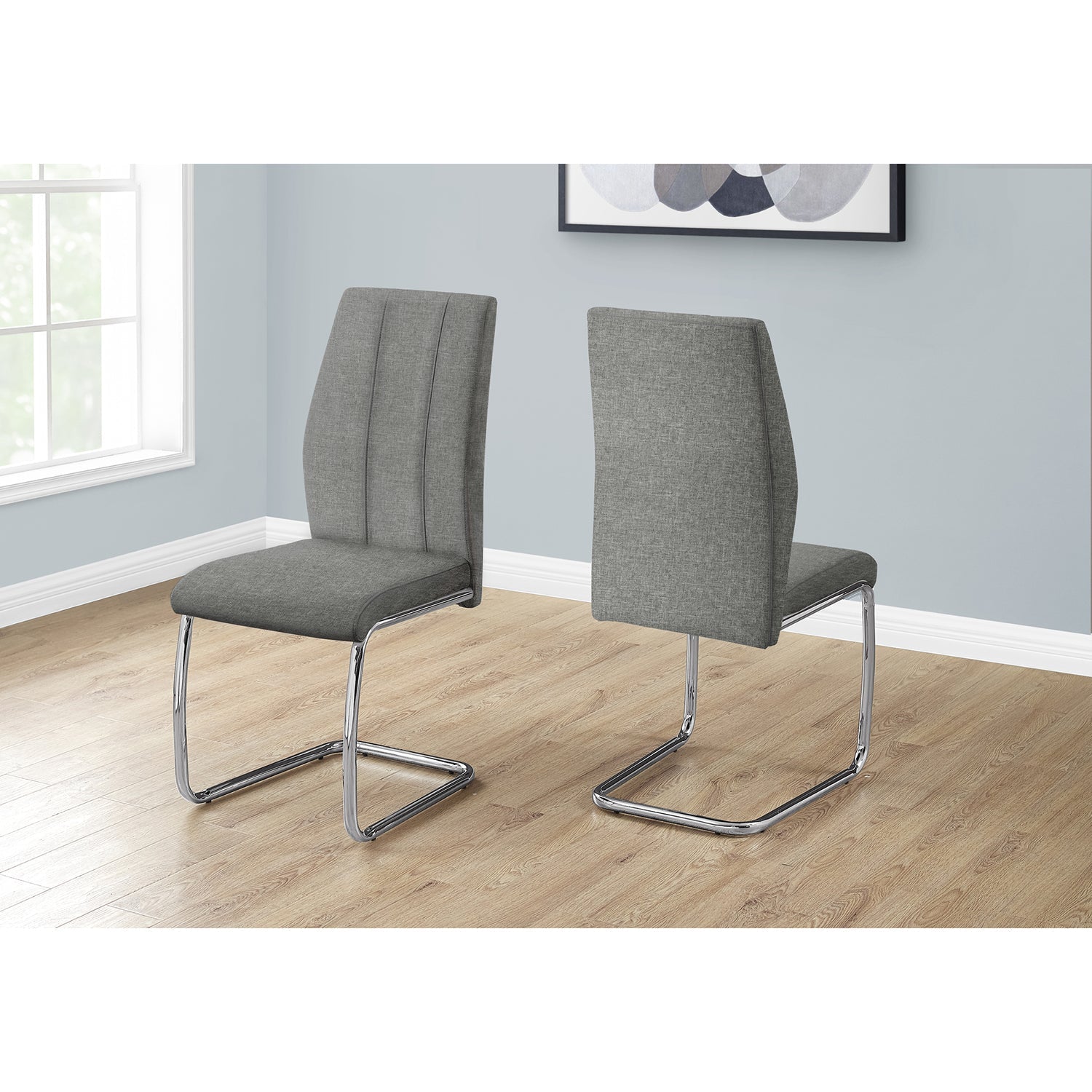 I 1061 - Chaise De Salle À Manger, Ensemble De 2, Coté, Rembourré, Cuisine, Salle À Manger, 39 Pouces De Hauteur, Tissu Gris, Métal Chromé, Contemporain, Moderne - Simple Boutique