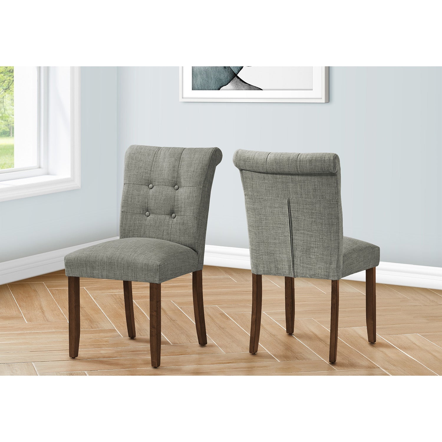 I 1218 - Chaise De Salle À Manger, Hauteur De 38", Ensemble De 2, Rembourré, Salle À Manger, Coté, Cuisine, Tissu Gris, Pieds En Bois De Noyer, Moderne - Simple Boutique
