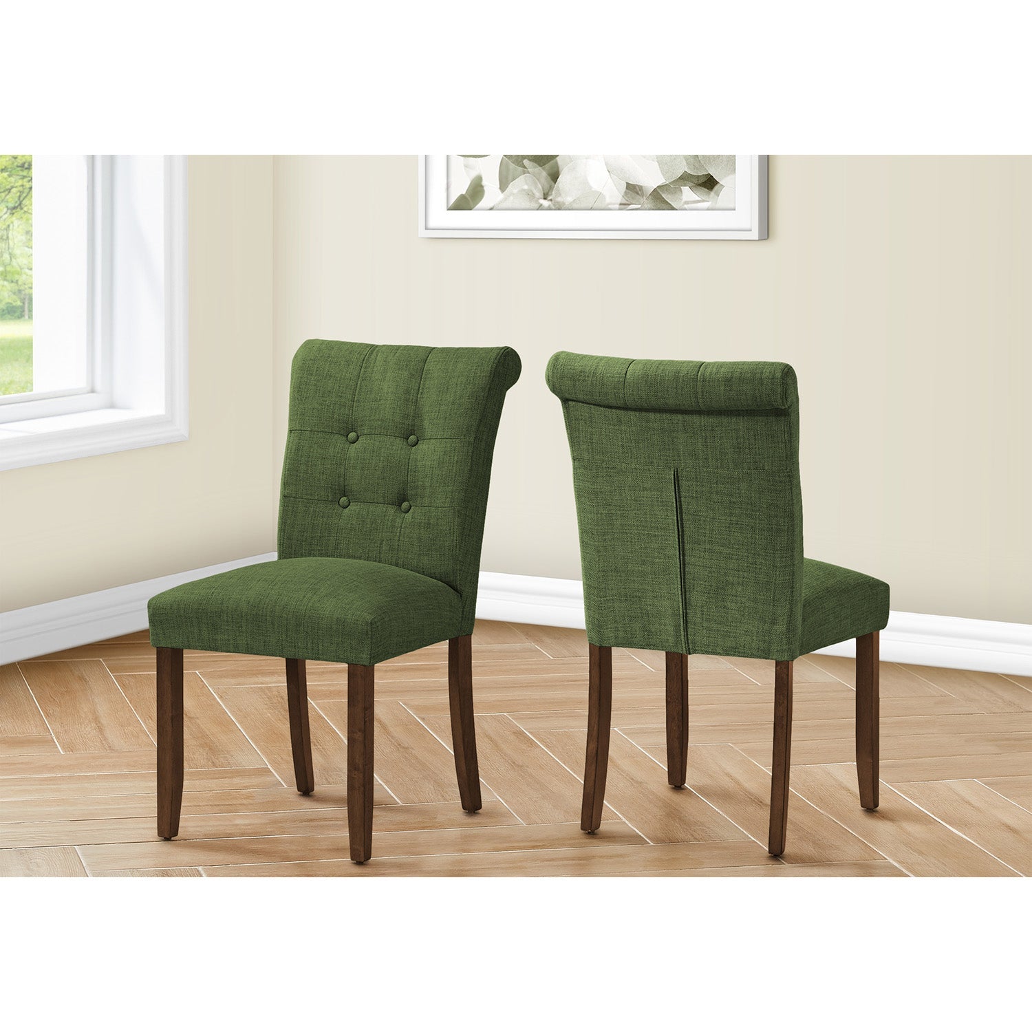 I 1219 - Chaise De Salle À Manger, Hauteur De 38", Ensemble De 2, Rembourré, Salle À Manger, Coté, Cuisine, Tissu Vert, Pieds En Bois De Noyer, Moderne - Simple Boutique