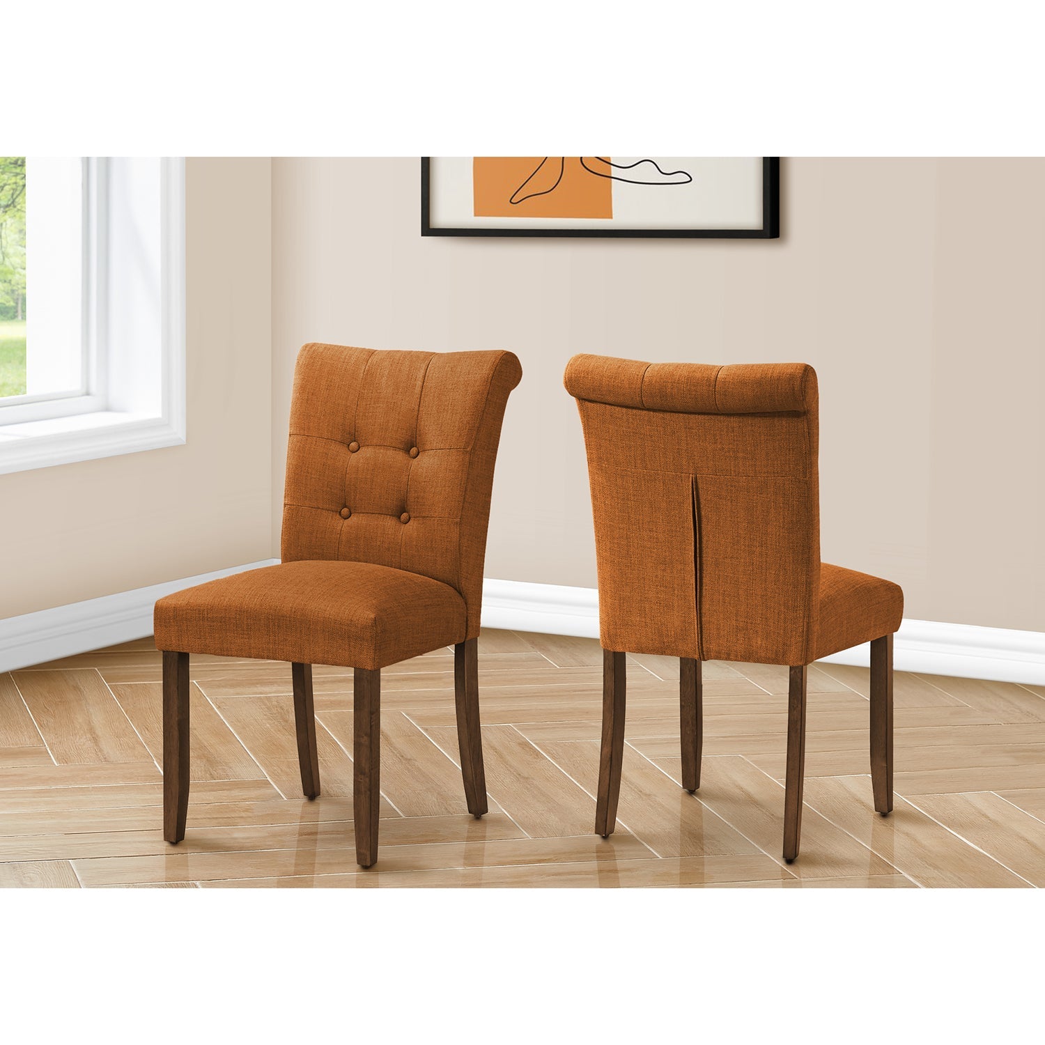 I 1221 - Chaise De Salle À Manger, Hauteur De 38", Ensemble De 2, Rembourré, Salle À Manger, Coté, Cuisine, Tissu Orange, Pieds En Bois De Noyer, Moderne - Simple Boutique