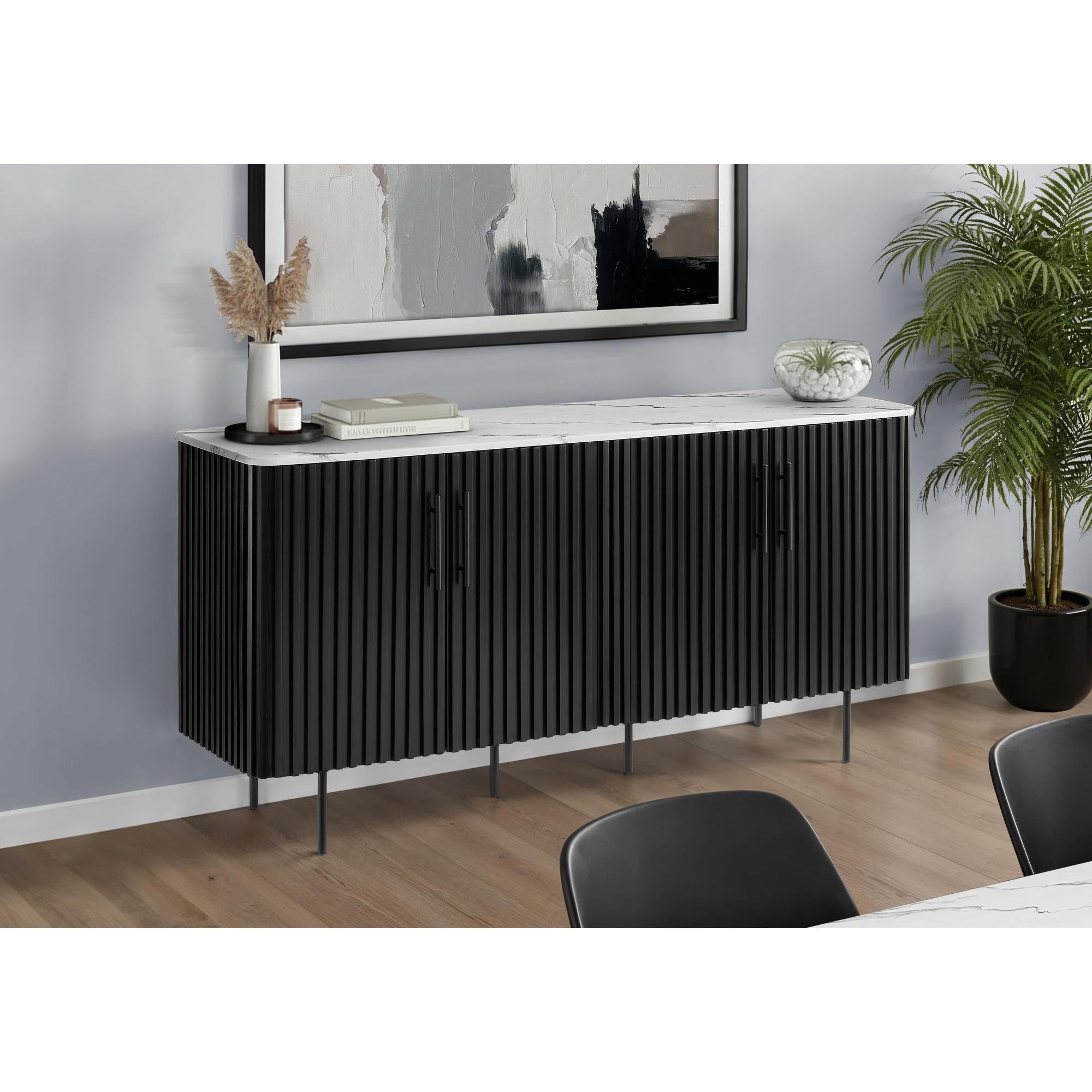 I 1225 - Cabinet, 66'' De Large, Buffet, Buffet, Salle À Manger, Faux Marbre Blanc, Stratifié Noir, Contemporain, Moderne - Simple Boutique