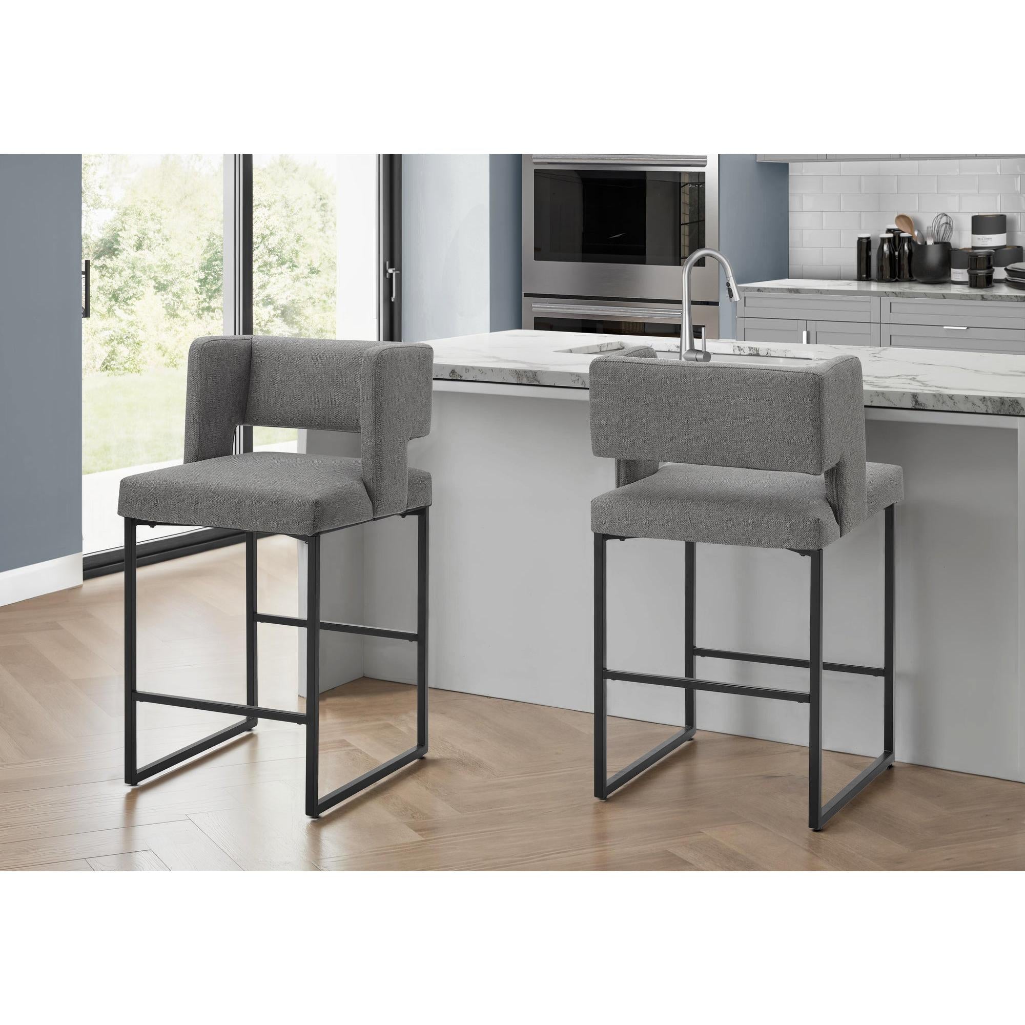 I 1249 - Tabouret De Bar, Hauteur Du Comptoir, Ensemble De 2, Cuisine, Tissu Gris, Métal Noir, Contemporain, Moderne - Simple Boutique