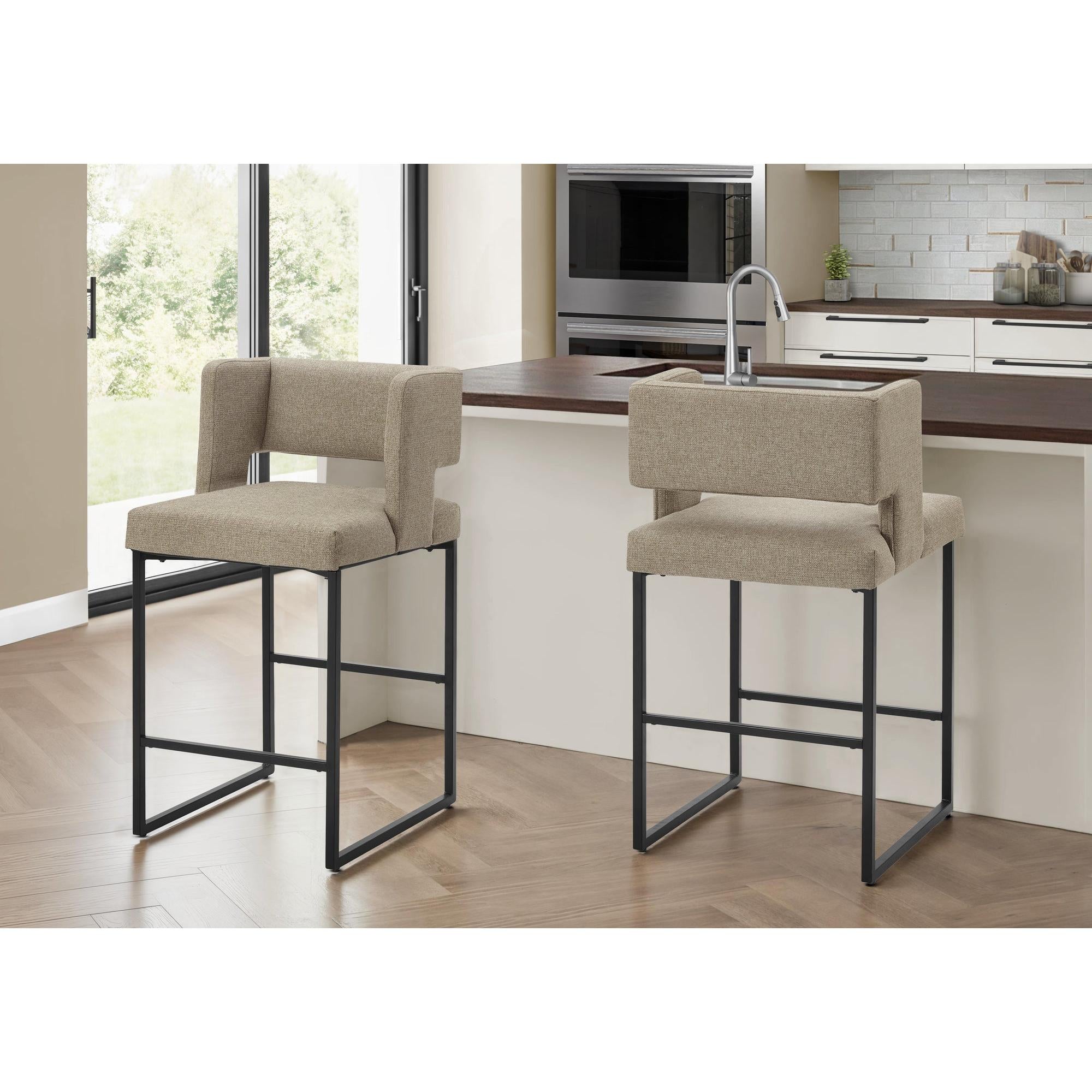 I 1250 - Tabouret De Bar, Hauteur Du Comptoir, Ensemble De 2, Cuisine, Tissu Marron, Métal Noir, Contemporain, Moderne - Simple Boutique