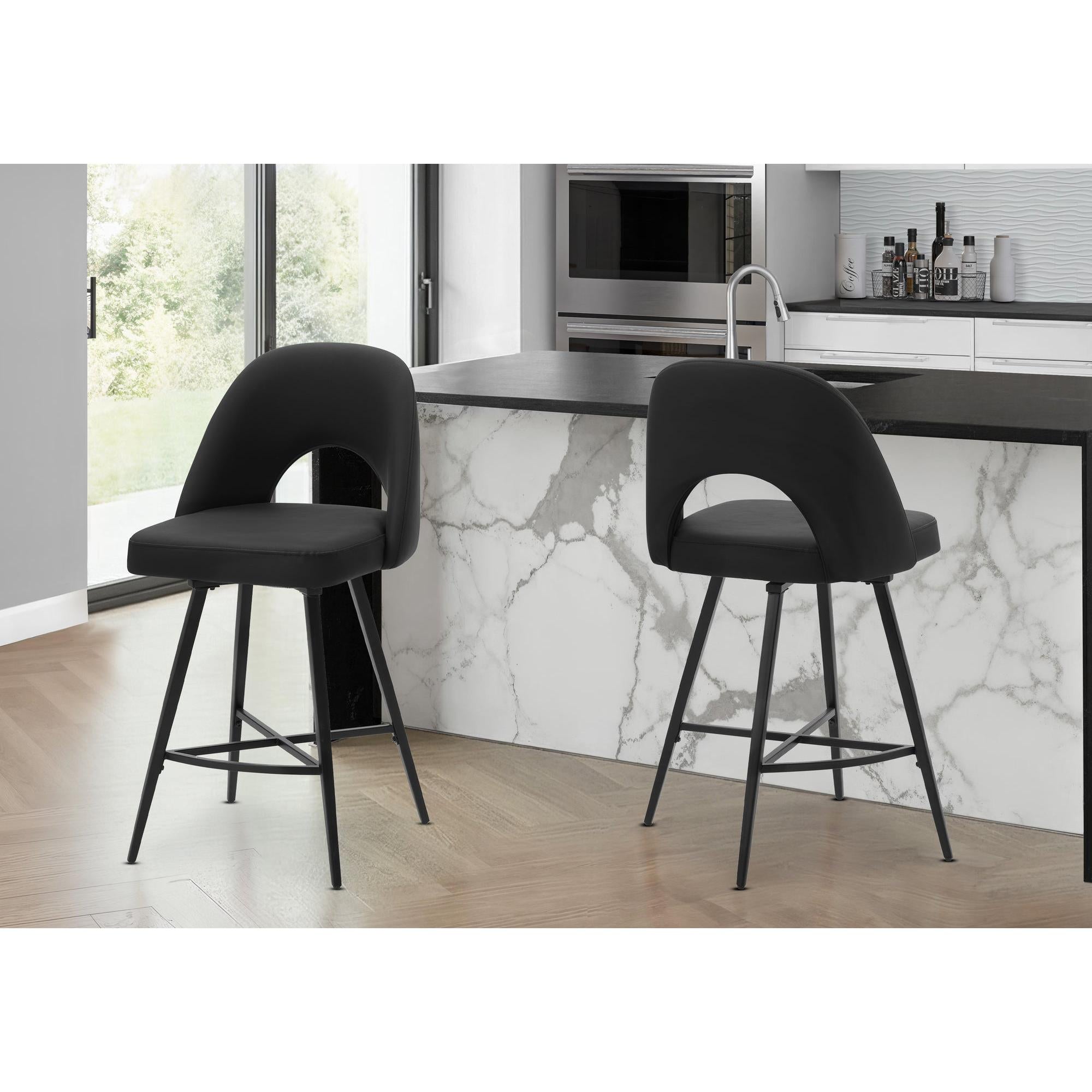 I 1258 - Tabouret De Bar, 39 Pouces De Hauteur, Ensemble De 2, Hauteur Du Comptoir, Pivotant, Cuisine, Aspect Cuir Noir, Métal Noir, Contemporain, Moderne - Simple Boutique