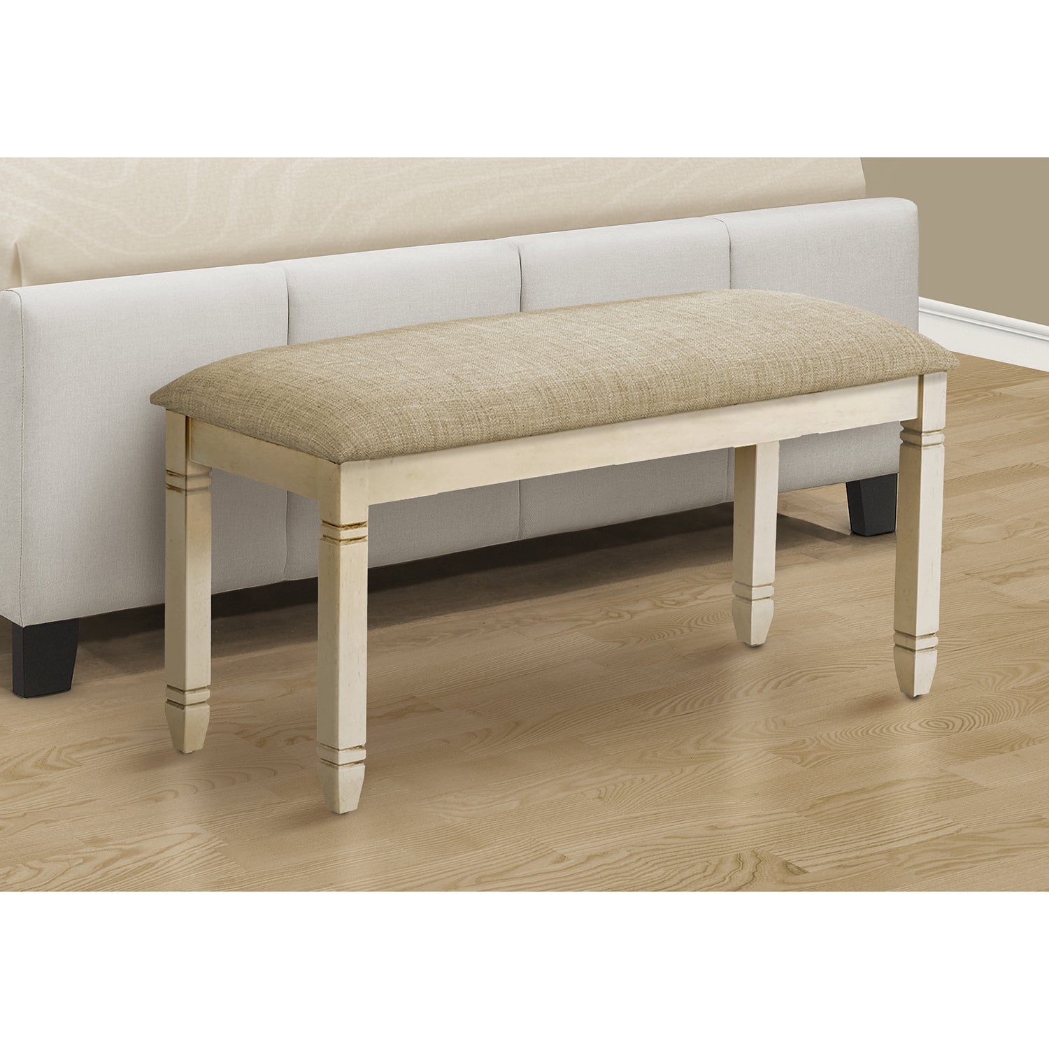 I 1266 - Banc, 41" Rectangulaire, Cuisine, Salle À Manger, Entrée, Chambre À Coucher, Rembourré, Bois, Bois Massif Blanc Antique, Tissu Beige Aspect Lin, Transitionnel - Simple Boutique