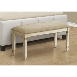 I 1266 - Banc, 41" Rectangulaire, Cuisine, Salle À Manger, Entrée, Chambre À Coucher, Rembourré, Bois, Bois Massif Blanc Antique, Tissu Beige Aspect Lin, Transitionnel - Simple Boutique