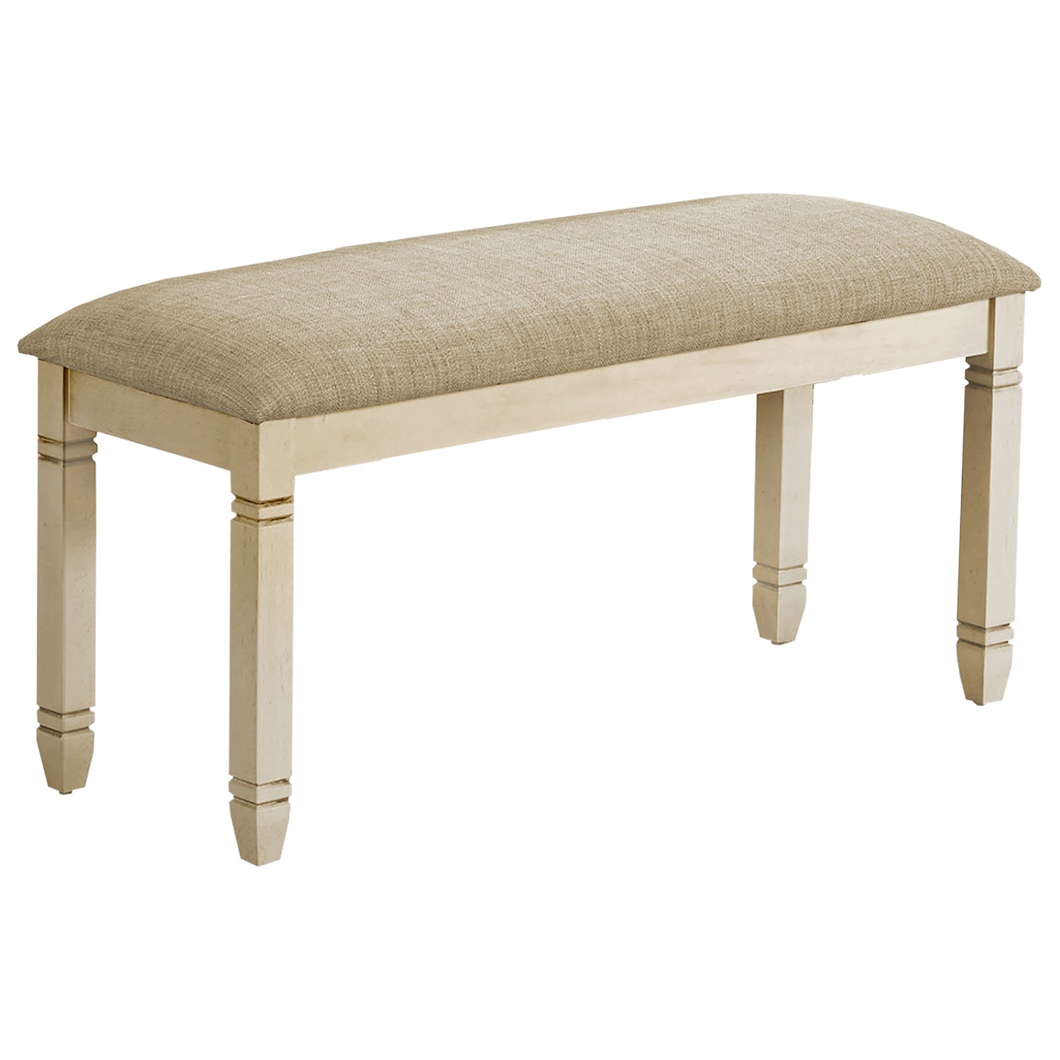 I 1266 - Banc, 41" Rectangulaire, Cuisine, Salle À Manger, Entrée, Chambre À Coucher, Rembourré, Bois, Bois Massif Blanc Antique, Tissu Beige Aspect Lin, Transitionnel - Simple Boutique