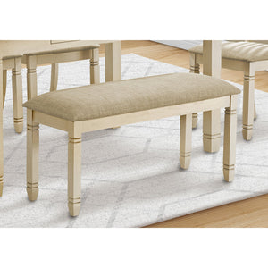 I 1266 - Banc, 41" Rectangulaire, Cuisine, Salle À Manger, Entrée, Chambre À Coucher, Rembourré, Bois, Bois Massif Blanc Antique, Tissu Beige Aspect Lin, Transitionnel - Simple Boutique