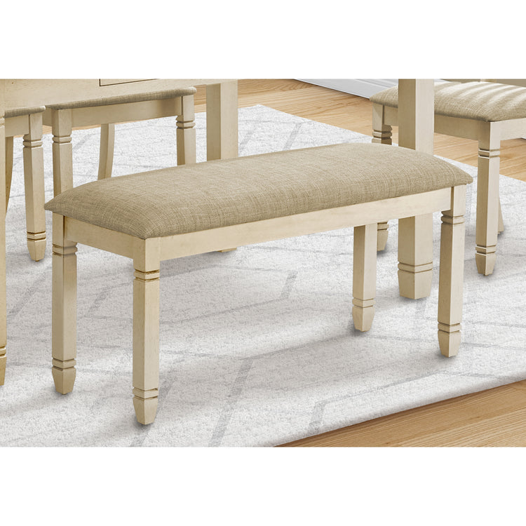 I 1266 - Banc, 41" Rectangulaire, Cuisine, Salle À Manger, Entrée, Chambre À Coucher, Rembourré, Bois, Bois Massif Blanc Antique, Tissu Beige Aspect Lin, Transitionnel - Simple Boutique
