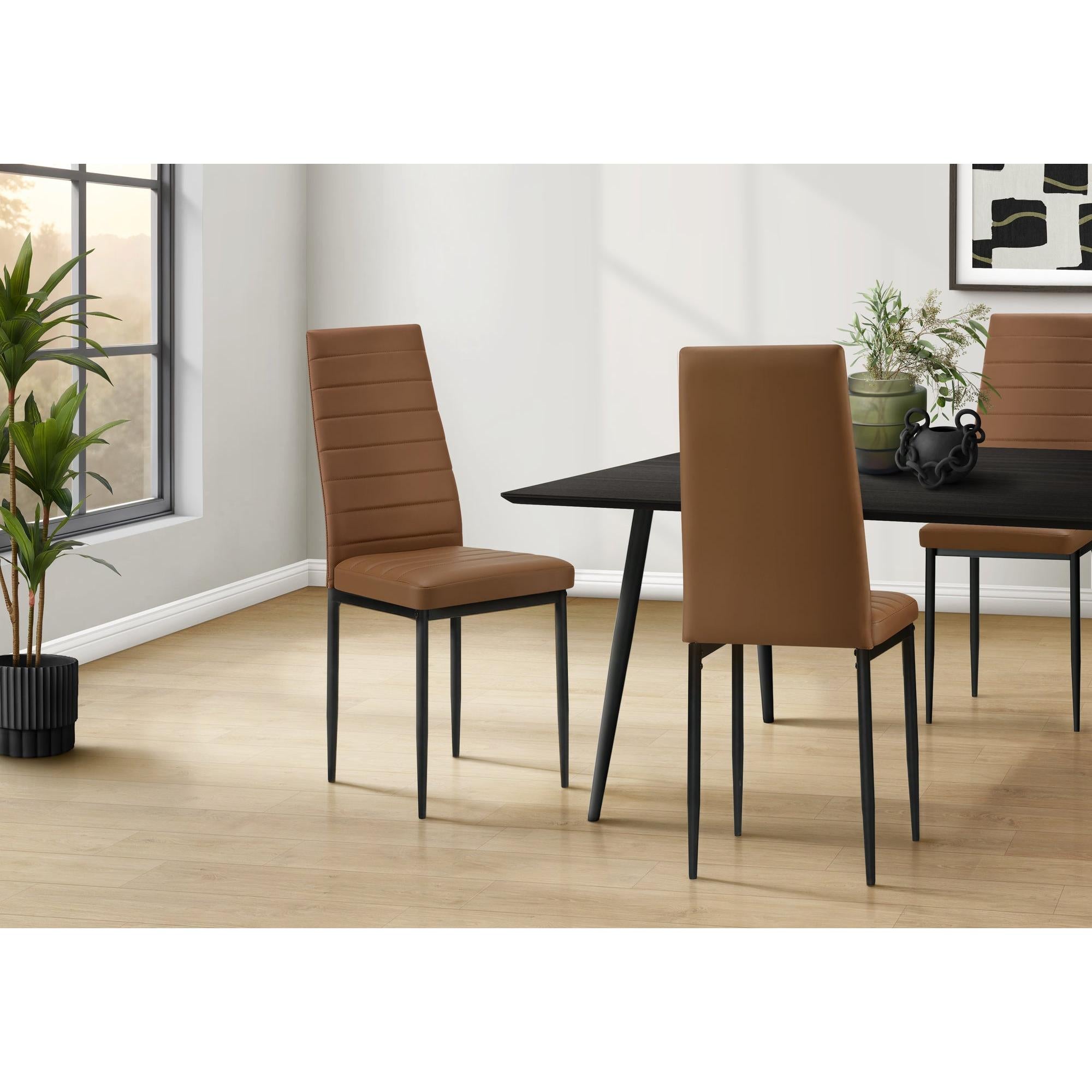 I 1275 - Chaise, 39 Pouces De Hauteur, Ensemble De 2, Coté, Rembourré, Salle À Manger, Cuisine, Aspect Cuir Cognac, Métal Noir, Contemporain - Simple Boutique