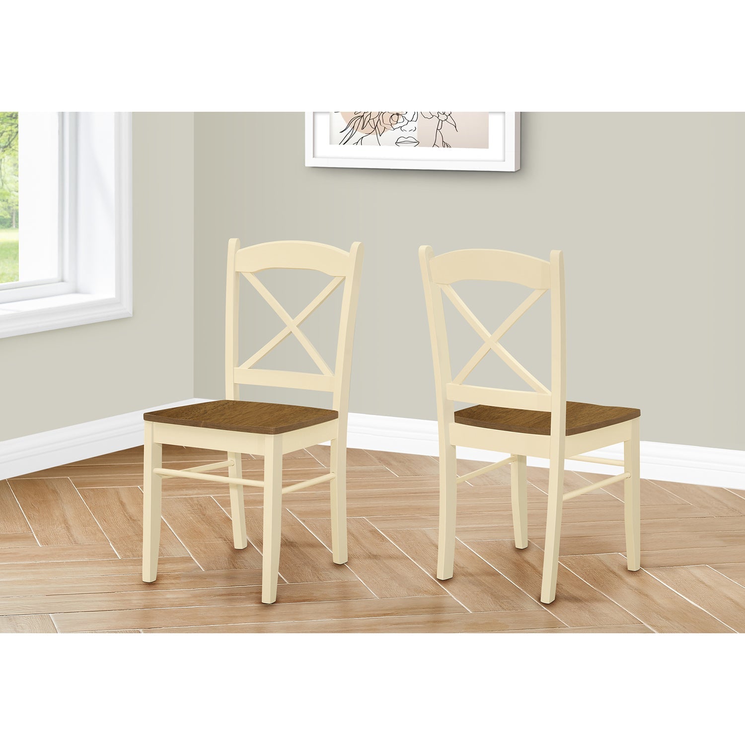 I 1325 - Chaise, Lot De 2, Côté, Cuisine, Salle À Manger, Chêne Et Crème, Jambes En Bois, Transitionnel - Simple Boutique