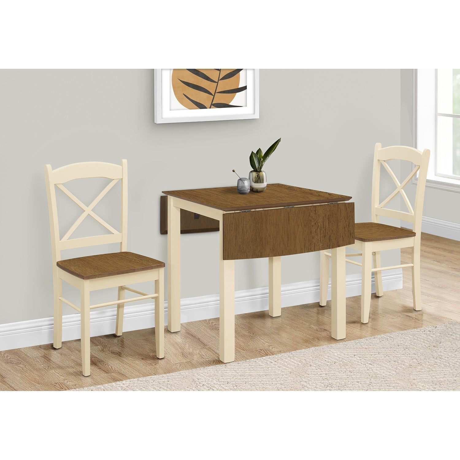 I 1327 - Table A Manger, 48" Rectangulaire, Petit, Cuisine, Salle À Manger, Cote Abaissant, Chêne Et Crème, Jambes En Bois, Transitionnel - Simple Boutique