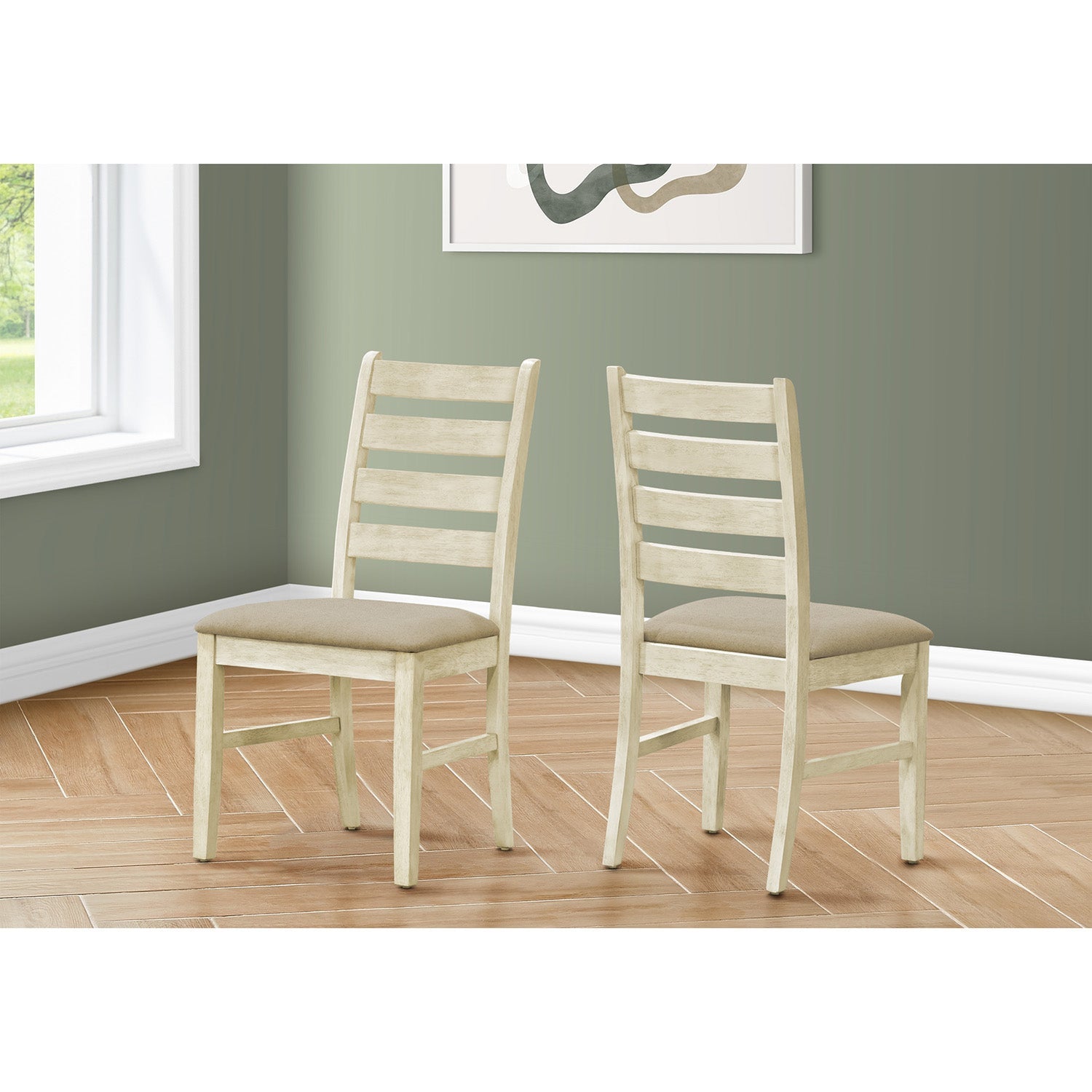 I 1336 - Chaise De Salle À Manger, Hauteur De 38", Salle À Manger, Cuisine, Ensemble De 2, Coté, Rembourré, Blanc Antique, Aspect Linge Beige, Transitionnel - Simple Boutique