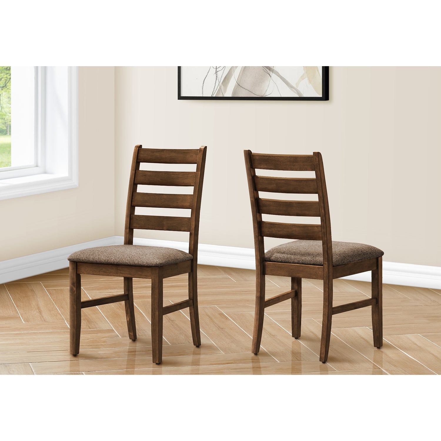 I 1355 - Chaise De Salle À Manger, Hauteur De 38", Salle À Manger, Cuisine, Ensemble De 2, Coté, Rembourré, Tissu Marron, Cerisier Antique, Transitionnel - Simple Boutique