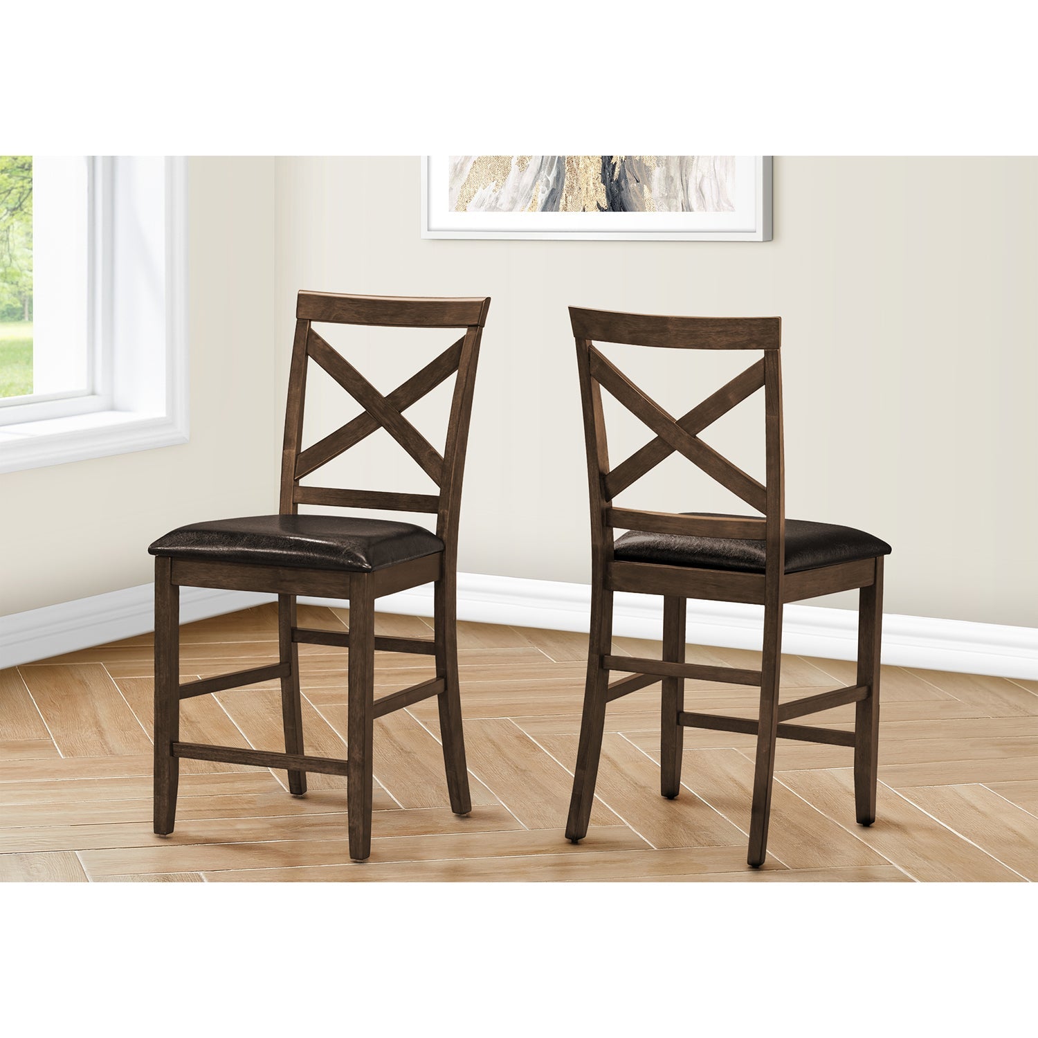 I 1388 - Chaise De Salle À Manger, 44" Hauteur, Ensemble De 2, Coté, Rembourré, Hauteur Du Comptoir, Salle À Manger, Cuisine, Noyer Foncé, Aspect Cuir Brun, Transitionnel - Simple Boutique