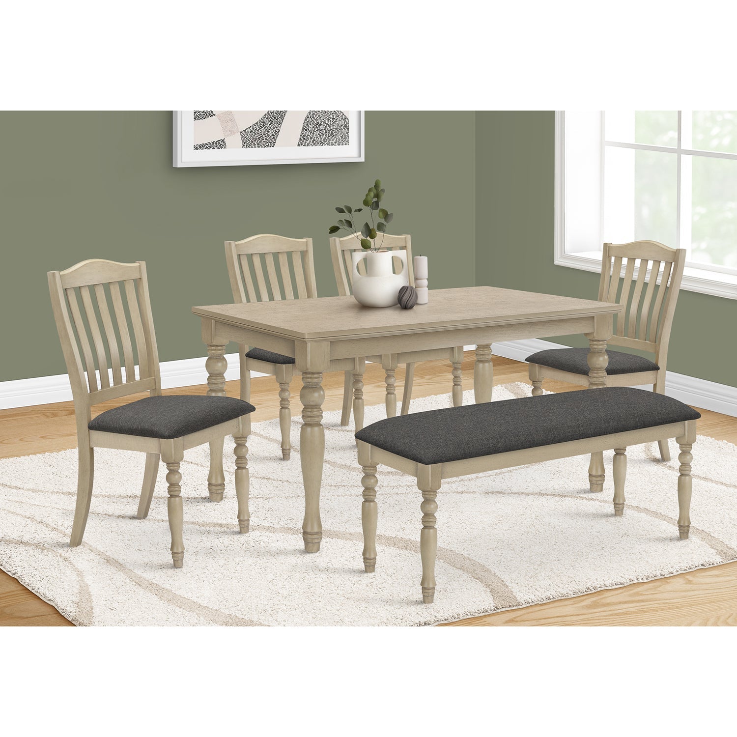 I 1390 - Table A Manger, 60" Rectangulaire, Top En Placage, Pieds En Bois Massif, Salle À Manger, Cuisine, Placage Gris Antique, Jambes En Bois, Transitionnel - Simple Boutique