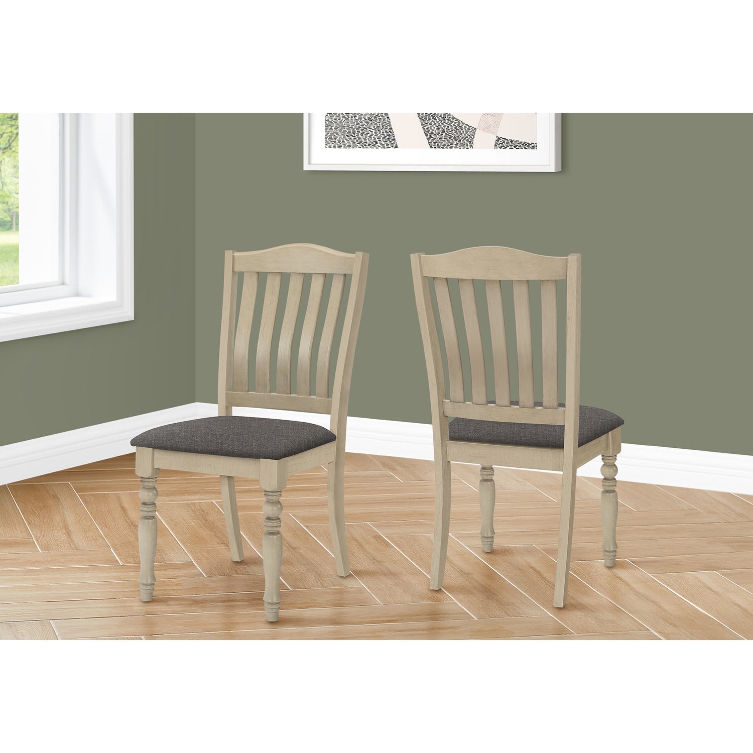 I 1392 - Chaise, 39 Pouces, Lot De 2, Rembourré, Salle À Manger, Cuisine, Côté, Antiquaire Gris, Tissu Gris, Jambes En Bois, Transitionnel - Simple Boutique