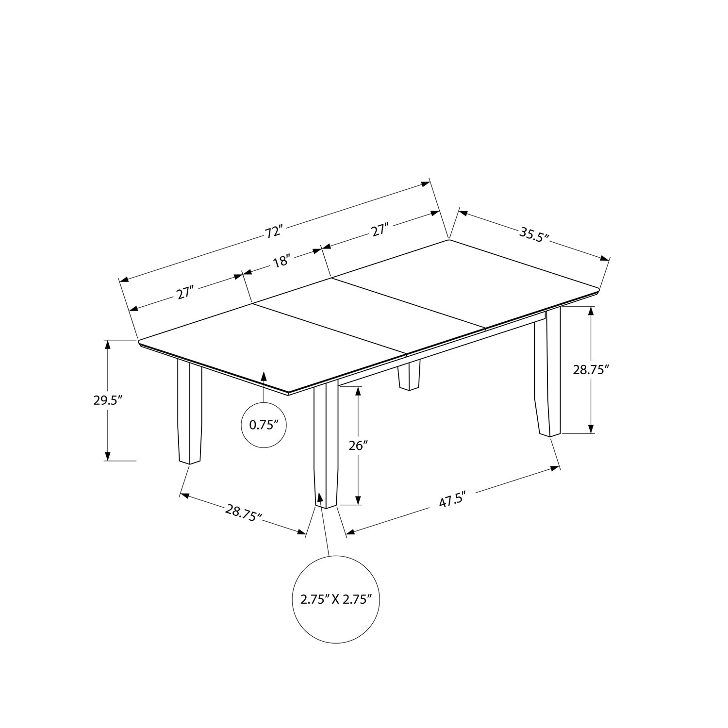 I 1395 - Table A Manger Rectangulaire De 72 Po., Panneau D'extension 18", Top En Placage, Pieds En Bois Massif, Salle À Manger, Cuisine, Veneer Marron, Jambes En Bois, Transitionnel - Simple Boutique