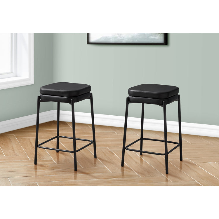 I 2225 - Tabouret De Bar, Hauteur Du Comptoir, Ensemble De 2, Cuisine, Aspect Cuir Noir, Métal Noir, Contemporain, Moderne - Simple Boutique