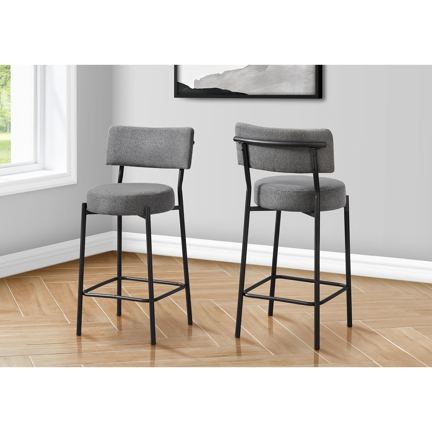 I 2246 - Tabouret De Bar, Hauteur Du Comptoir, Ensemble De 2, Cuisine, Tissu Gris, Métal Noir, Contemporain, Moderne - Simple Boutique