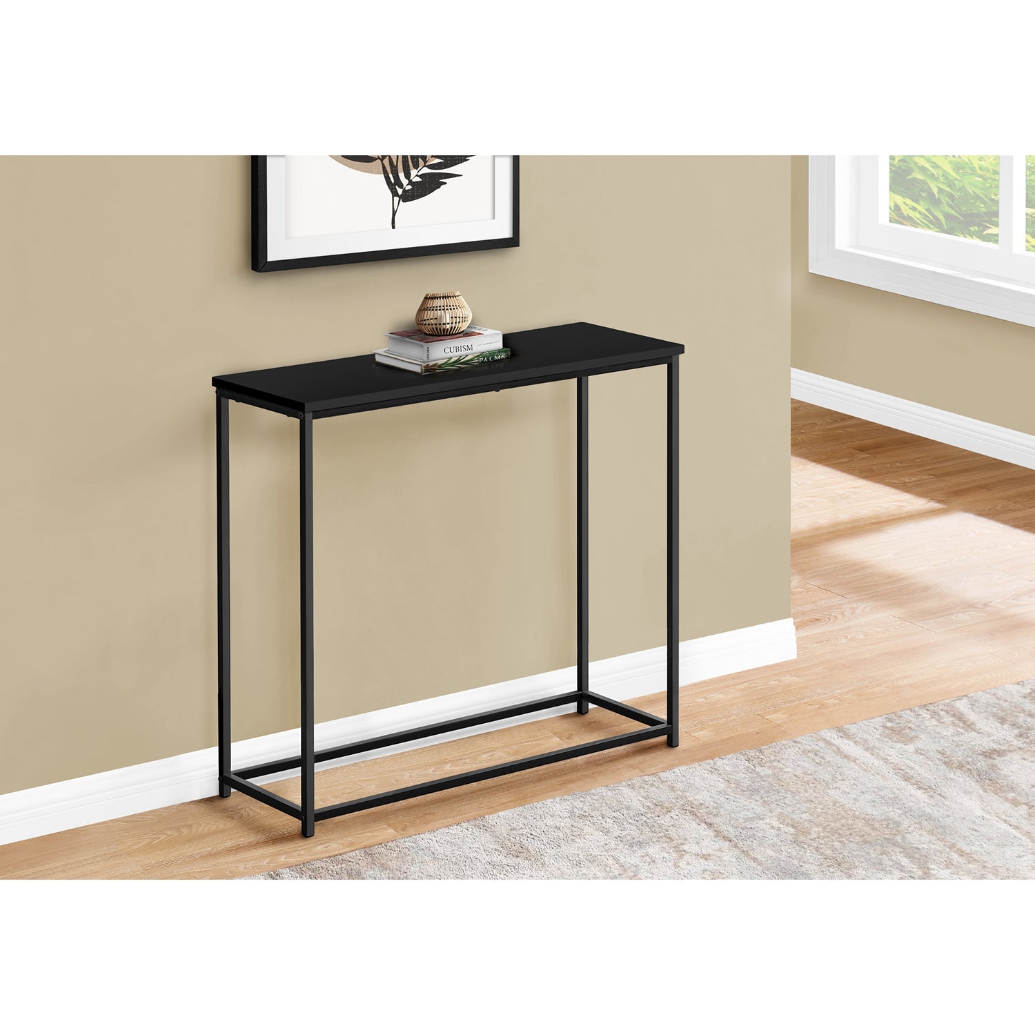 I 2250 - Table D'appoint, Console, Entrée, Étroit, Sofa, Salon, Chambre À Coucher, Laminé Noir, Métal Noir, Contemporain, Moderne - Simple Boutique