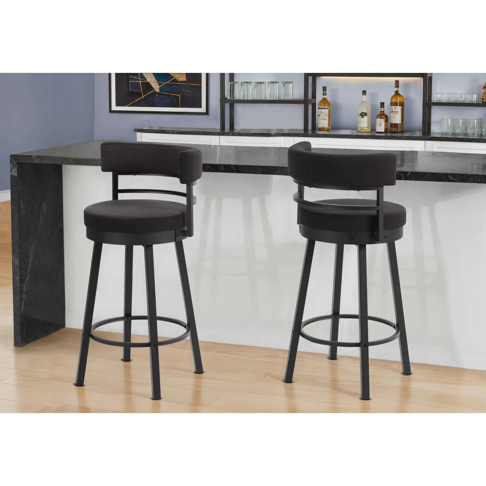 I 2302 - Tabouret De Bar, 39 Pouces De Hauteur, Pivotant, Hauteur Bar, Ensemble De 2, Tissu Noir, Métal Noir, Contemporain, Moderne - Simple Boutique