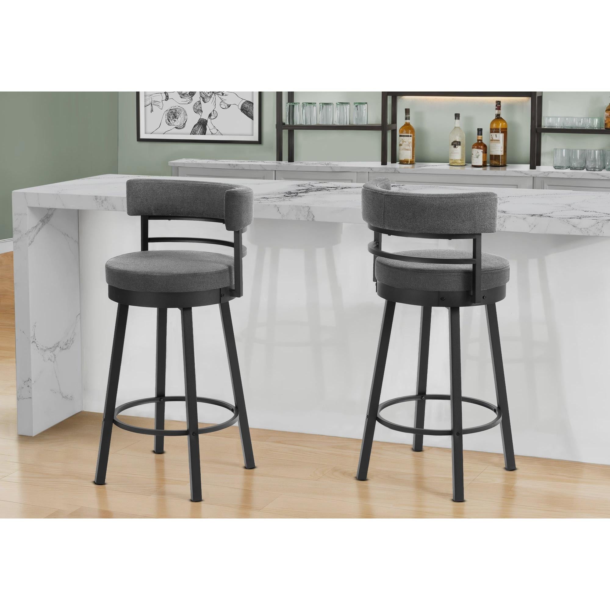 I 2303 - Tabouret De Bar, 39 Pouces De Hauteur, Pivotant, Hauteur Bar, Ensemble De 2, Tissu Gris, Métal Noir, Contemporain, Moderne - Simple Boutique