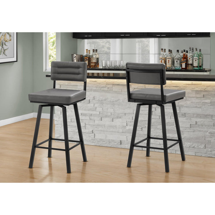 I 2312 - Tabouret De Bar, Chaises De Patio, Hauteur Bar, Pivotant, Ensemble De 2, Aspect Cuir Gris, Métal Noir, Contemporain, Moderne - Simple Boutique