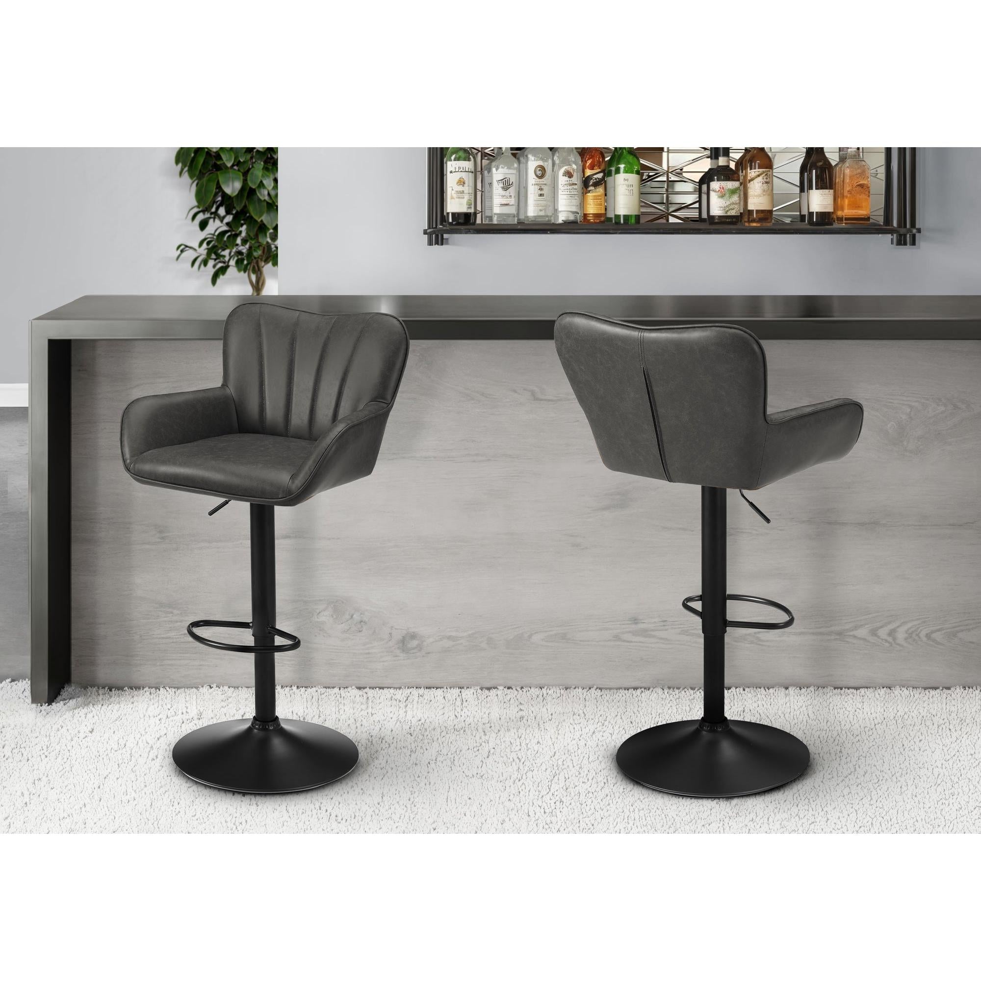 I 2330 - Tabouret De Bar, Ensemble De 2, Pivotant, Réglable, Hauteur Bar, Hauteur Du Comptoir, Cuisine, Aspect Cuir Gris, Métal Noir, Contemporain, Moderne - Simple Boutique