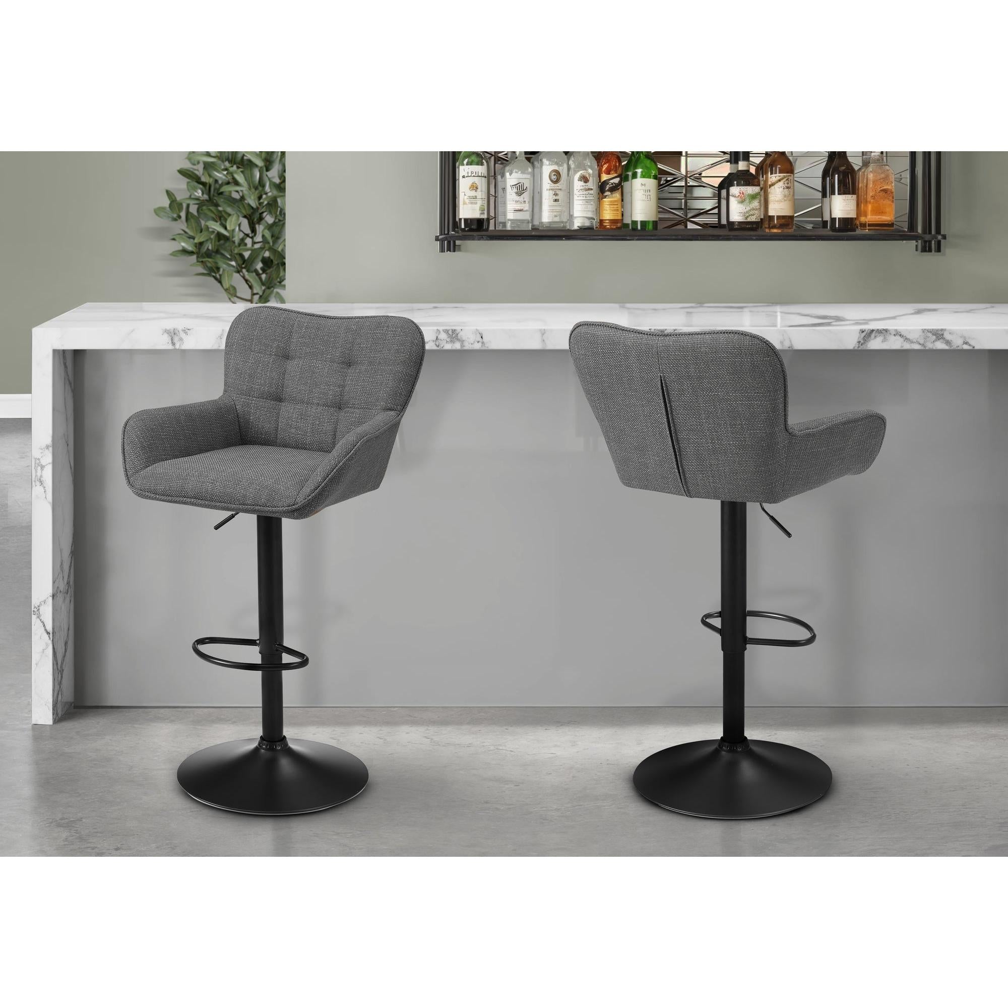 I 2333 - Tabouret De Bar, Ensemble De 2, Réglable, Pivotant, Hauteur Bar, Hauteur Du Comptoir, Cuisine, Tissu Gris, Métal Noir, Contemporain, Moderne - Simple Boutique