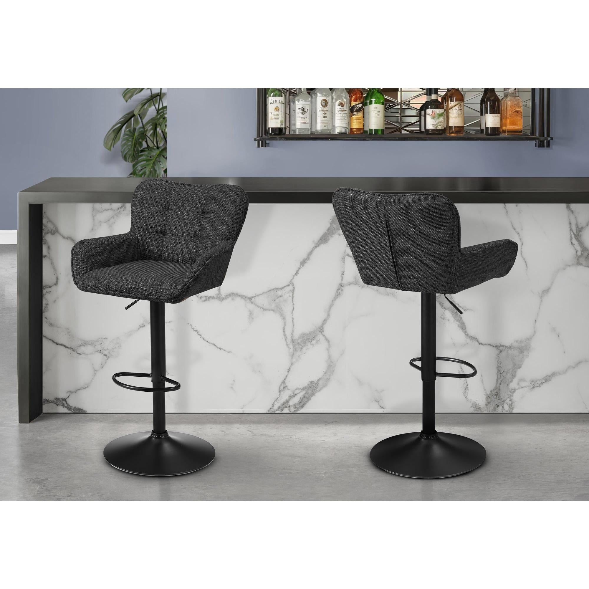 I 2334 - Tabouret De Bar, Ensemble De 2, Réglable, Pivotant, Hauteur Bar, Hauteur Du Comptoir, Cuisine, Tissu Noir, Métal Noir, Contemporain, Moderne - Simple Boutique