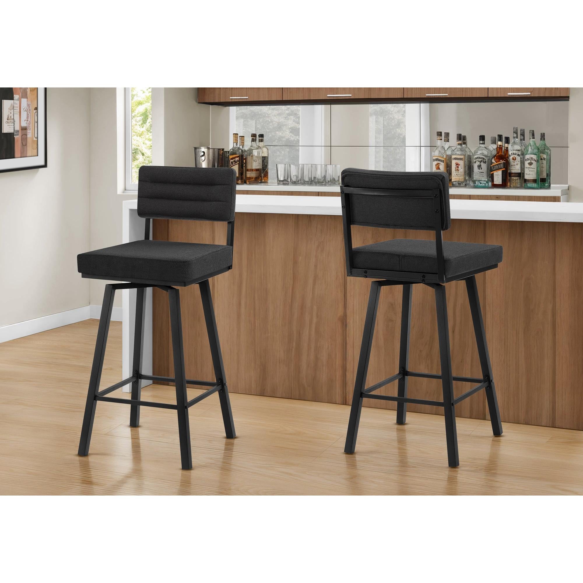I 2340 - Tabouret De Bar, Chaises De Patio, Hauteur Bar, Pivotant, Ensemble De 2, Tissu Noir, Métal Noir, Contemporain, Moderne - Simple Boutique