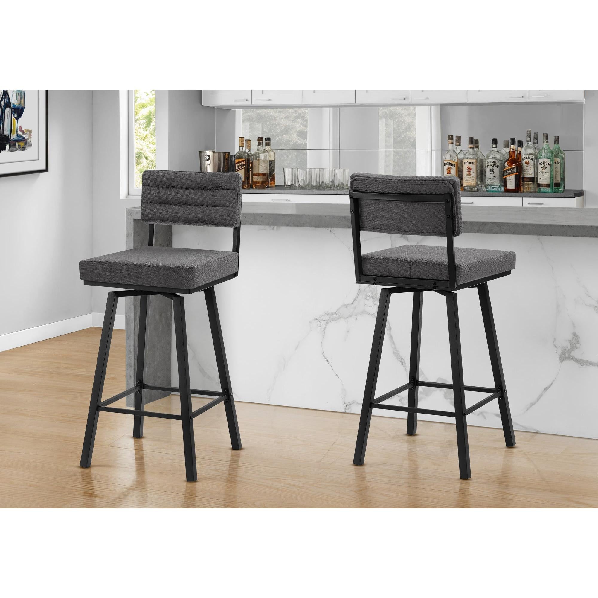 I 2341 - Tabouret De Bar, Chaises De Patio, Hauteur Bar, Pivotant, Ensemble De 2, Tissu Gris, Métal Noir, Contemporain, Moderne - Simple Boutique
