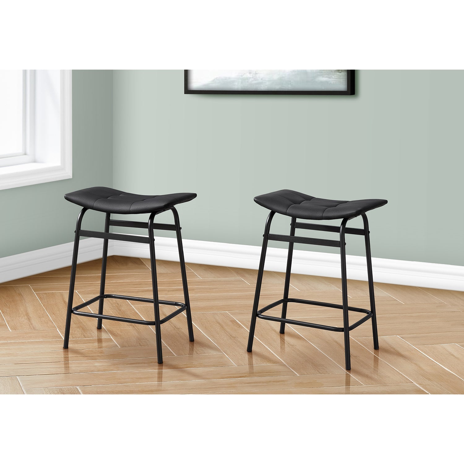 I 2384 - Tabouret De Bar, Hauteur Du Comptoir, Ensemble De 2, Cuisine, Aspect Cuir Noir, Métal Noir, Contemporain, Moderne - Simple Boutique