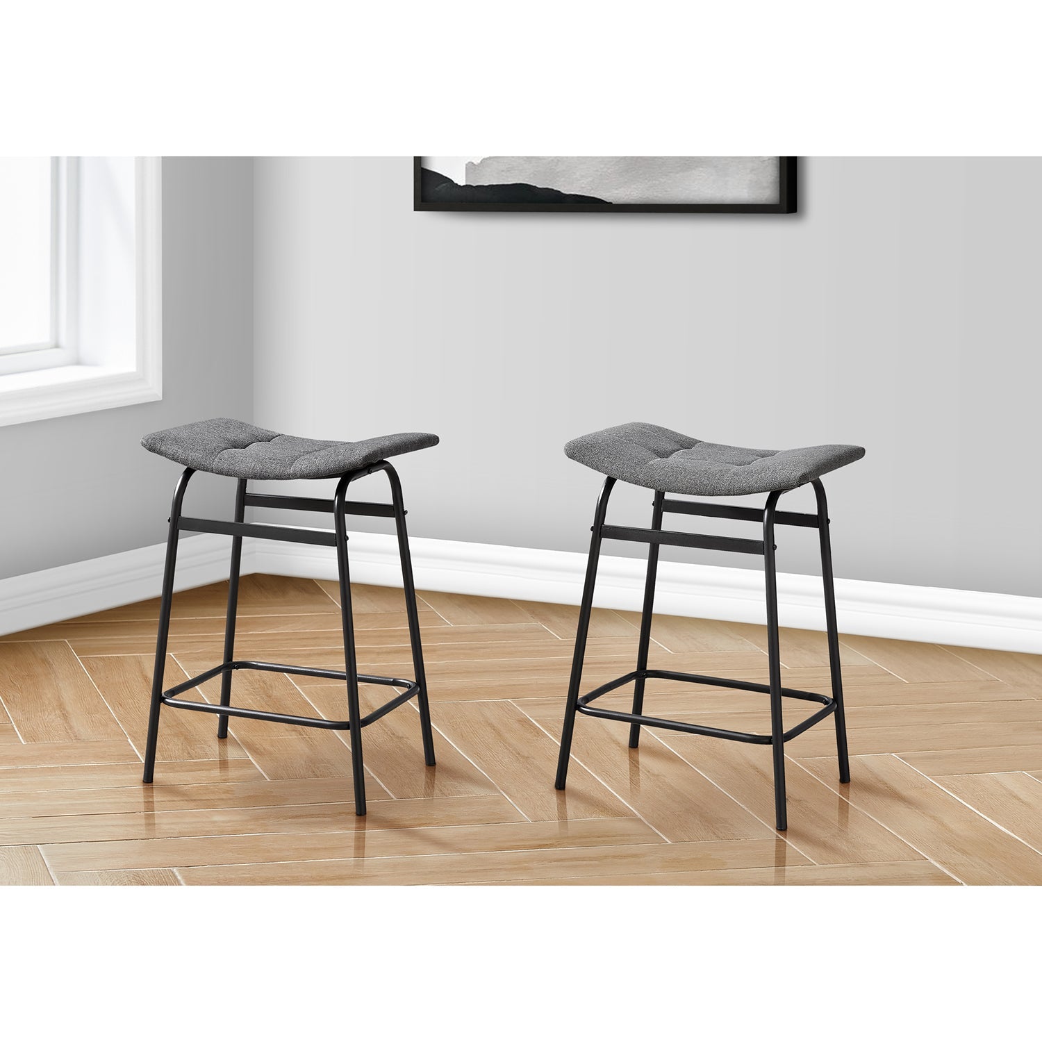 I 2385 - Tabouret De Bar, Hauteur Du Comptoir, Ensemble De 2, Cuisine, Tissu Gris, Métal Noir, Contemporain, Moderne - Simple Boutique