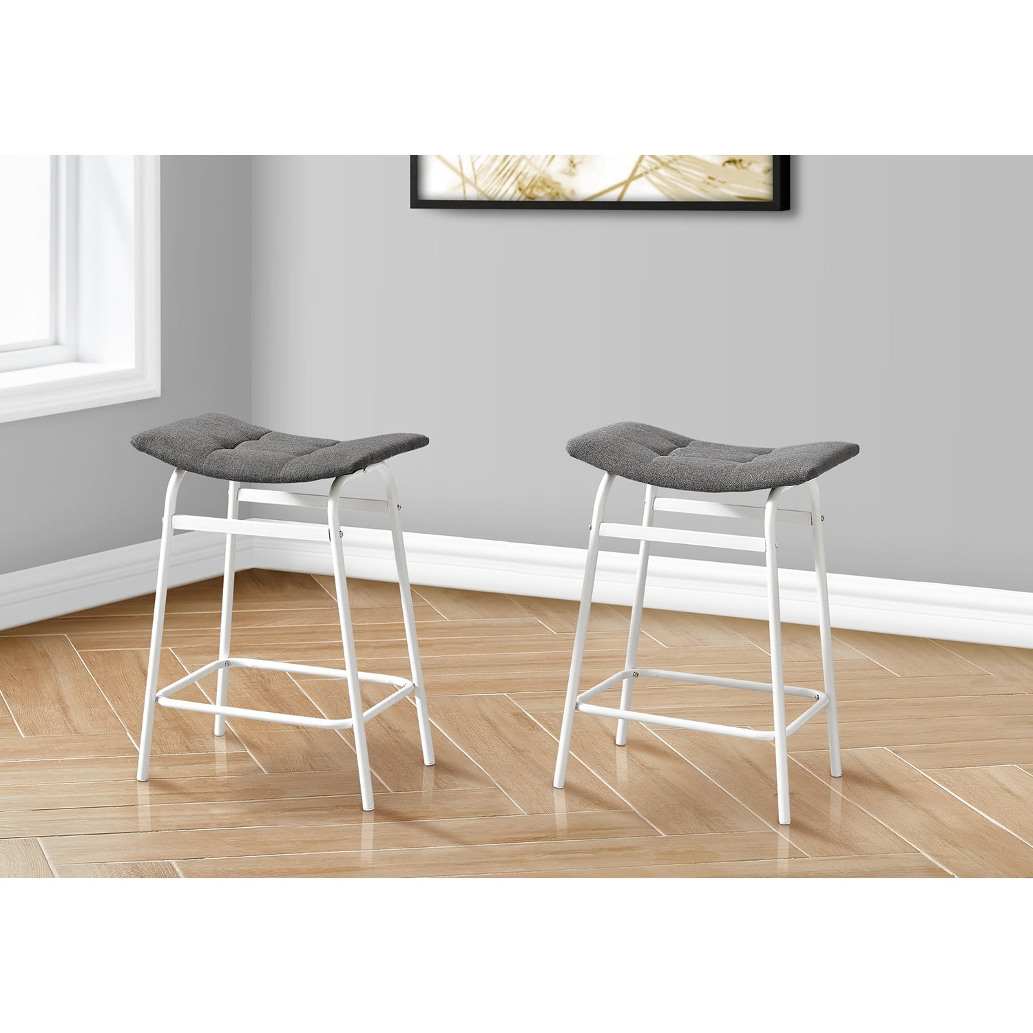 I 2387 - Tabouret De Bar, Hauteur Du Comptoir, Ensemble De 2, Cuisine, Tissu Gris, Métal Blanc, Contemporain, Moderne - Simple Boutique