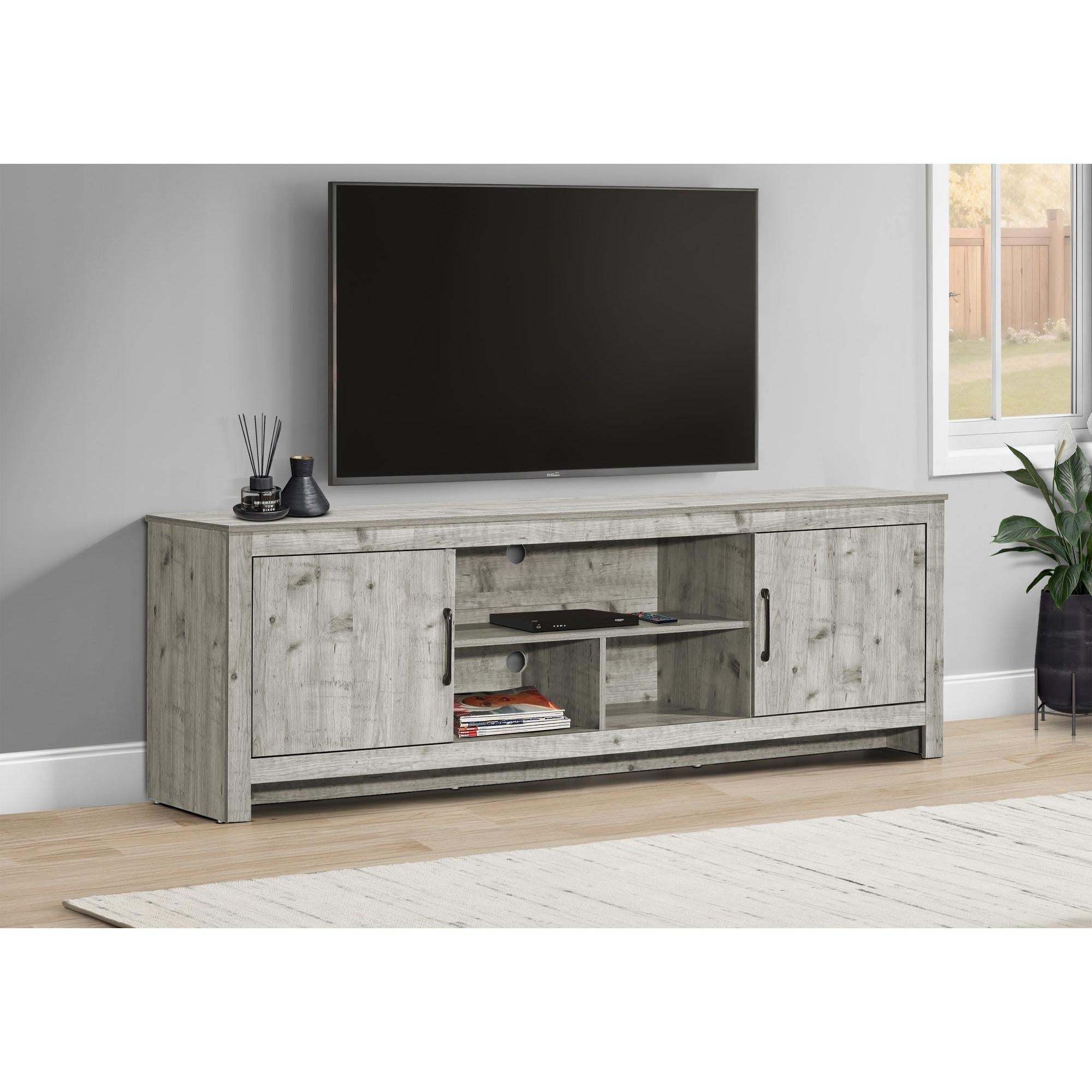 I 2511 - Meuble Tv, 72 Pouces, Console, Centre De Divertissement Média, Armoire De Rangement, Salon, Chambre À Coucher, Stratifié Gris Rustique, Transitionnel - Simple Boutique