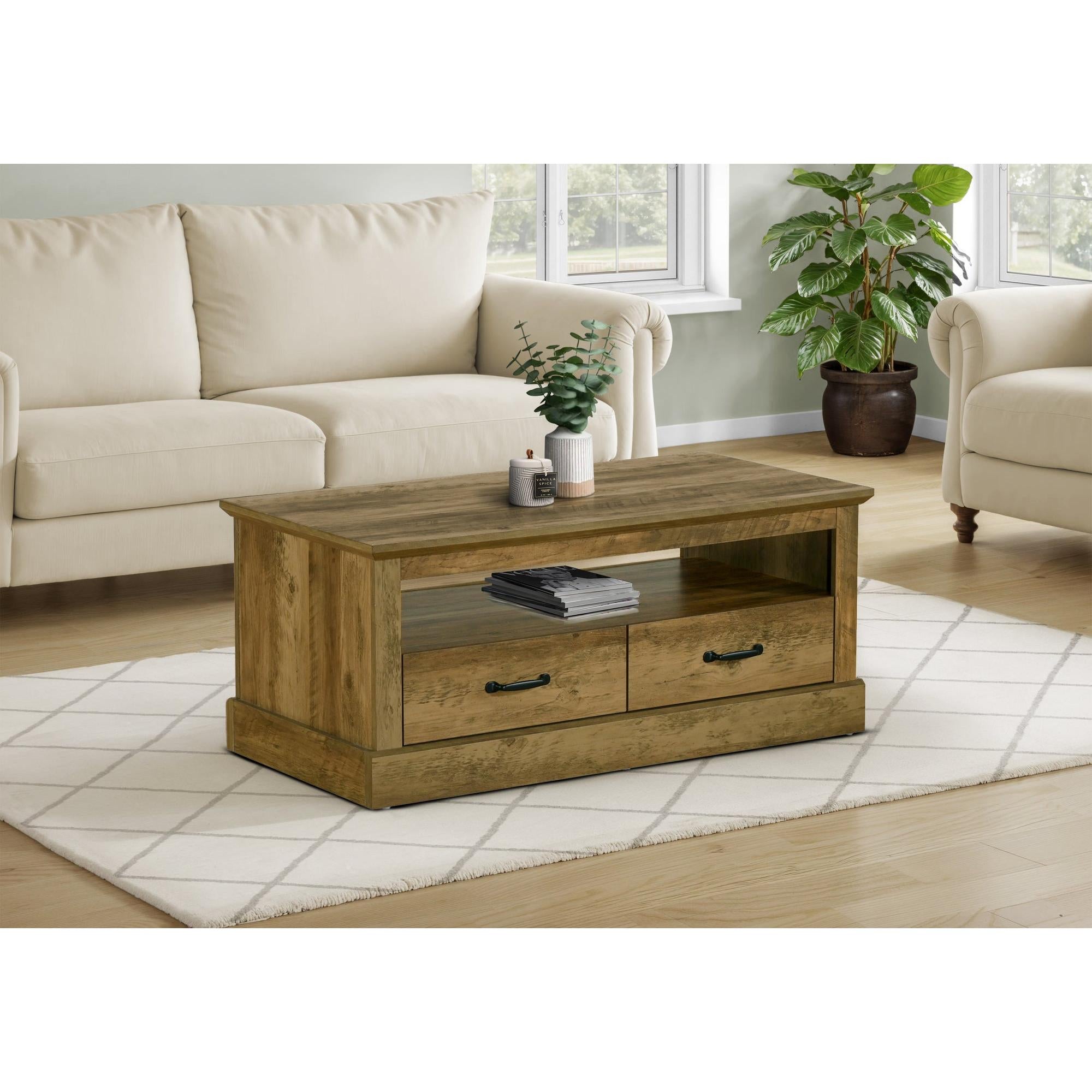 I 2525 - Table De Salon, 42'' L, Cocktail, Rectangulaire, Tiroirs De Rangement, Salon, Accent, Stratifié Chêne Brun Foncé, Transitionnel - Simple Boutique