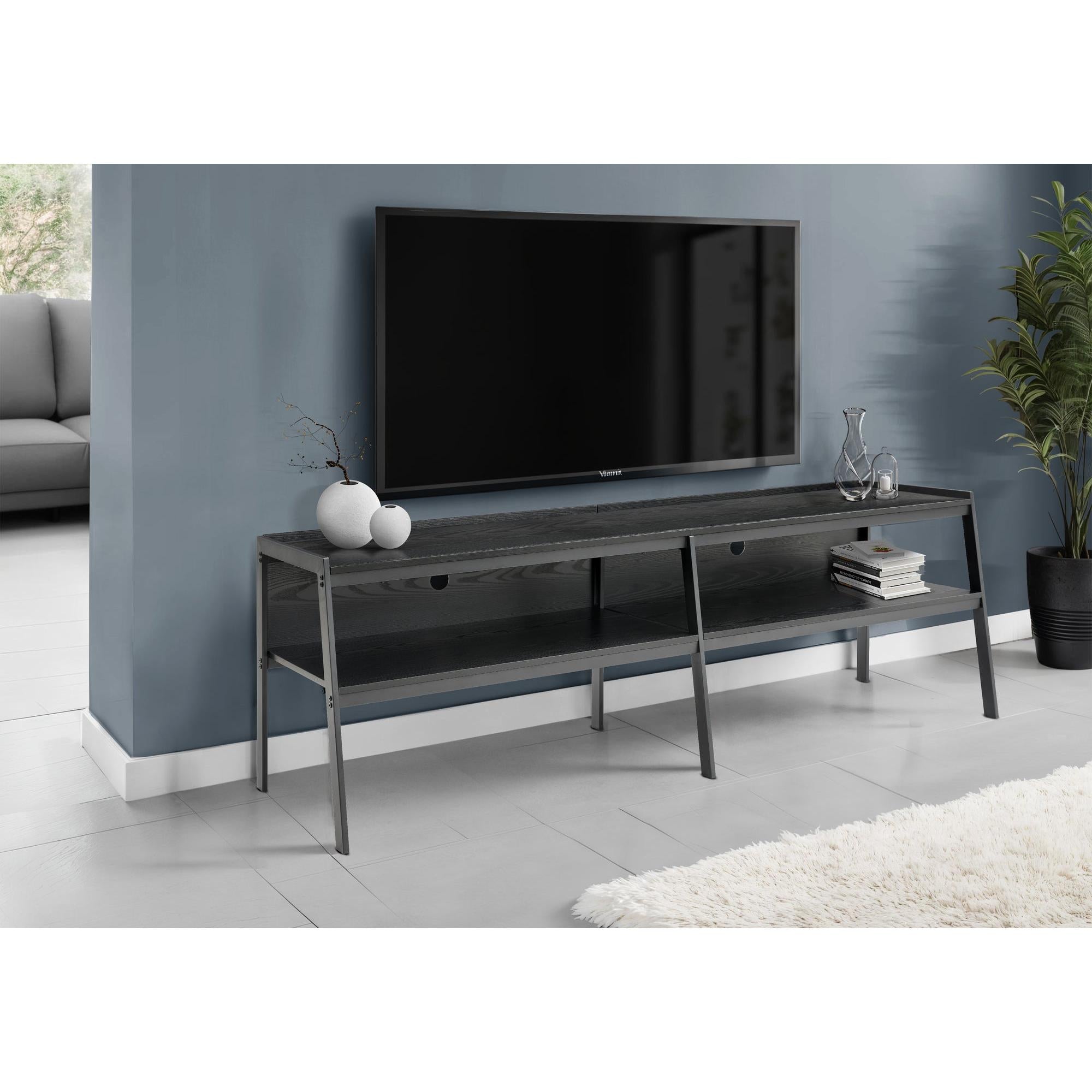I 2535 - Meuble Tv, 72 Pouces, Console, Centre De Divertissement Média, Salon, Chambre À Coucher, Stratifié Bois Noir, Métal Noir, Contemporain, Moderne - Simple Boutique