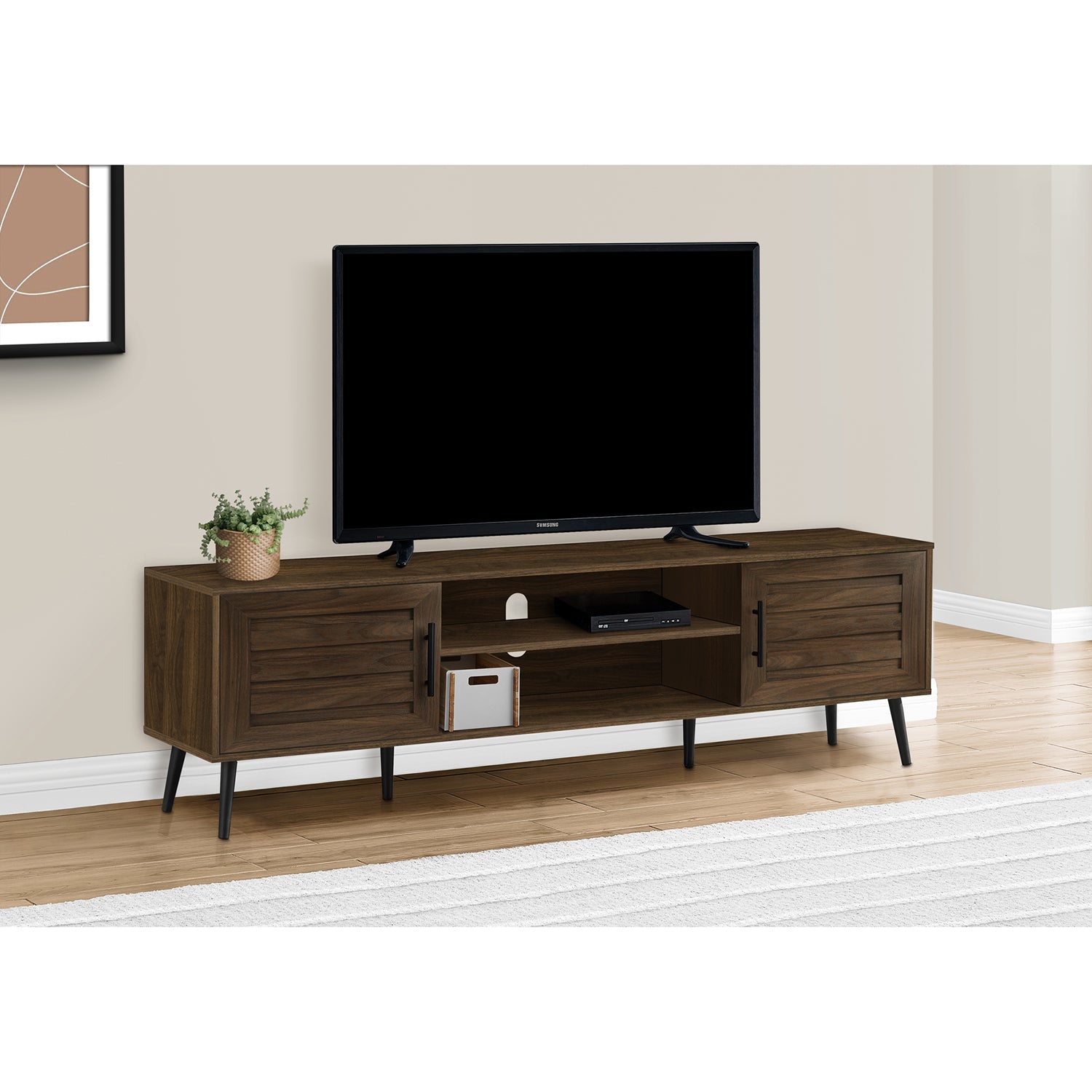 I 2717 - Meuble Tv, 72 Pouces, Console, Centre De Divertissement Média, Unite De Rangement, Salon, Chambre À Coucher, Laminé Brun, Jambes En Bois Noir, Transitionnel - Simple Boutique
