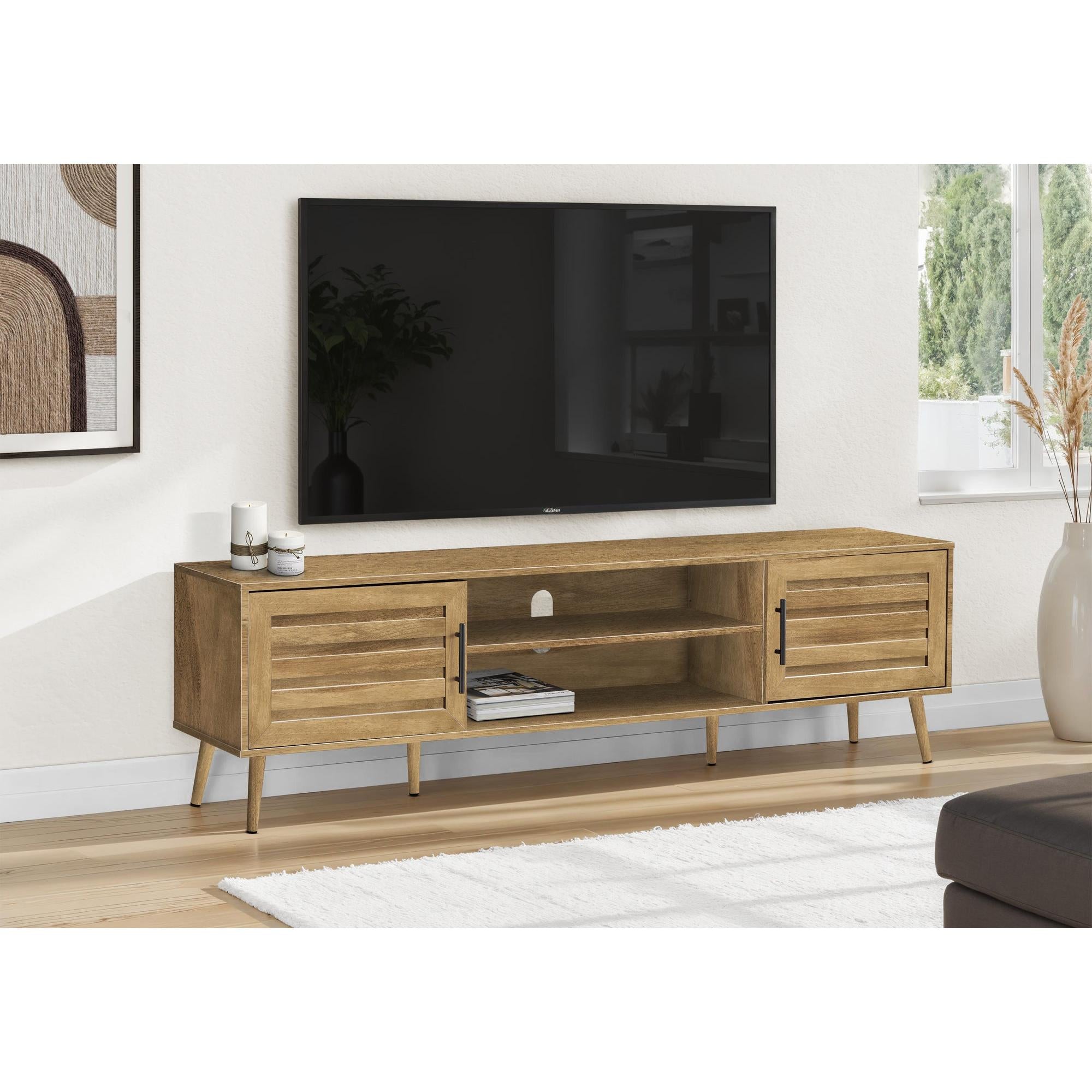 I 2719 - Meuble Tv, 72 Pouces, Console, Centre De Divertissement Média, Armoire De Rangement, Salon, Chambre À Coucher, Stratifié Noyer, Transitionnel - Simple Boutique