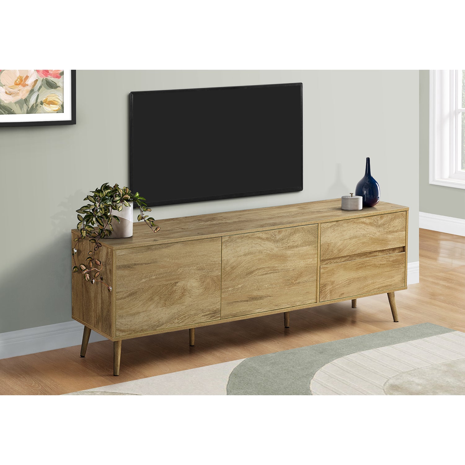 I 2722 - Meuble Tv, 72 Pouces, Console, Centre De Divertissement Média, Tiroirs De Rangement, Armoire De Rangement, Stratifié Noyer, Mid Century - Simple Boutique