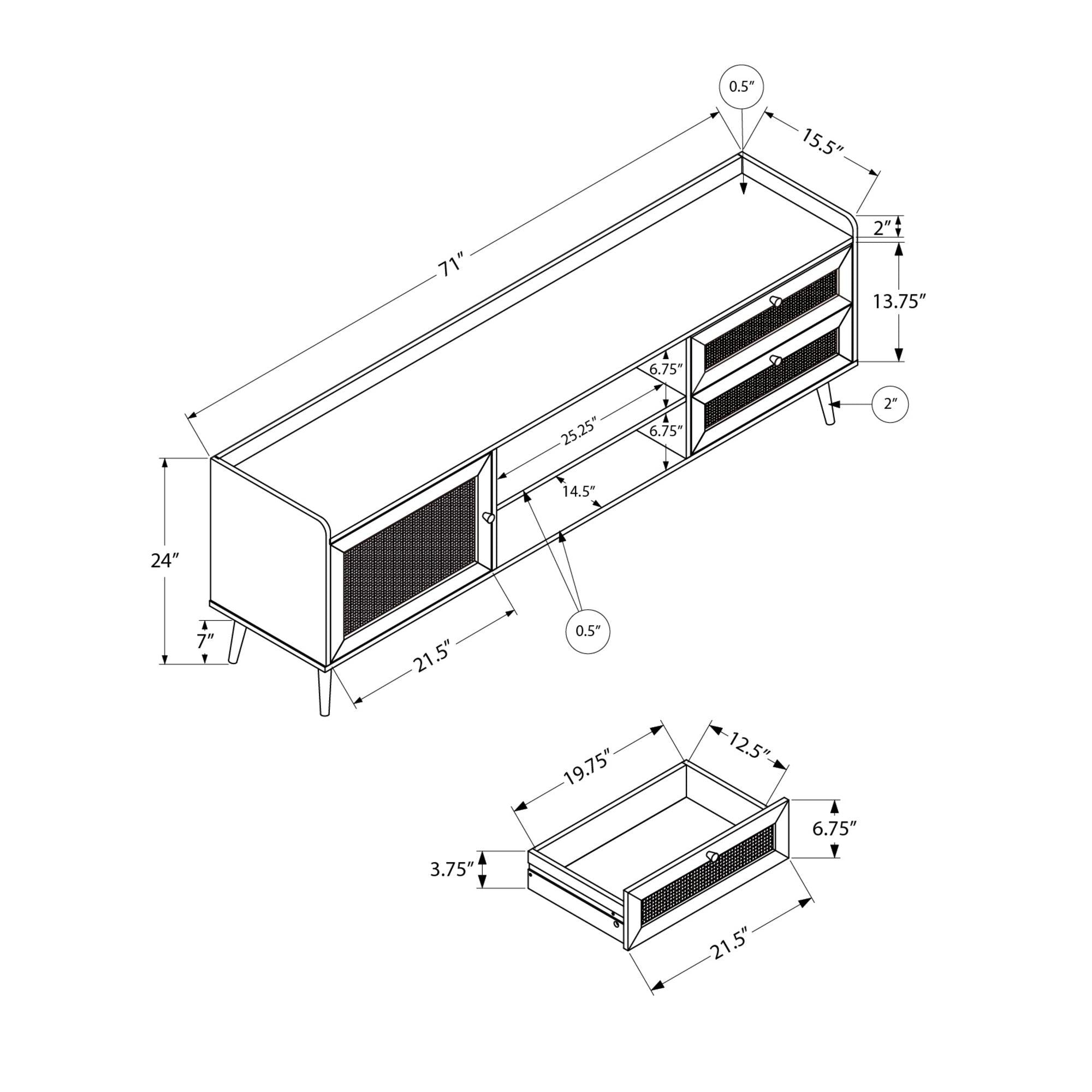 I 2724 - Meuble Tv, 72 Pouces, Console, Centre De Divertissement Média, Armoire De Rangement, Salon, Chambre À Coucher, Stratifié Noir, Pieds En Bois, Transitionnel - Simple Boutique